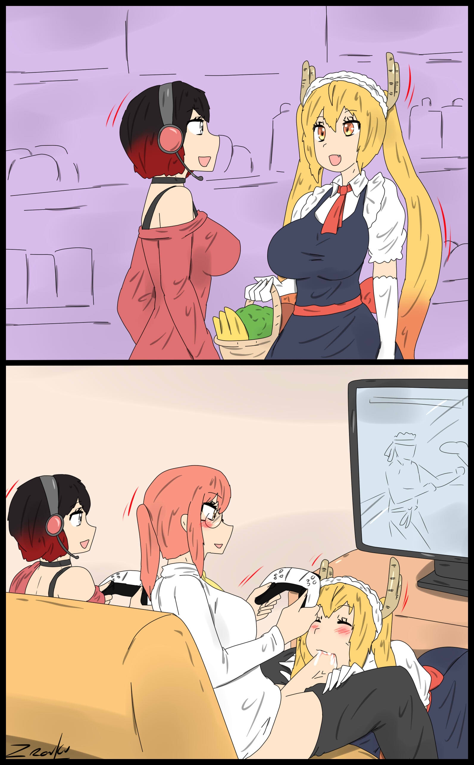 1futa, 2girls, 2koma, big breasts, big penis, blowjob, breasts, clothed, clothing, crossover, erection, fellatio, female, fully clothed, futa on female, futanari, gaming, headphones, human, humanoid, intersex, kobayashi, light skin, light-skinned female, light-skinned futa, miss kobayashi's dragon maid, mostly clothed, oral, oral penetration, oral sex, penis, playstation, playstation 5, ruby rose, rwby, sex, sitting, standing, tohru (dragon maid), zronku