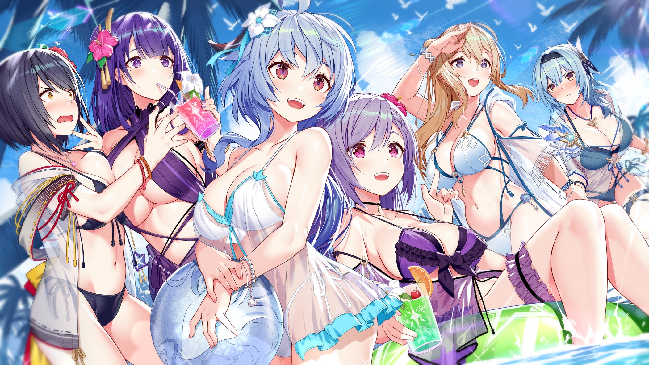 akusema, beach, beach ball, bikini, blush, breasts, cleavage, drink, drinking, eula (genshin impact), female, female only, ganyu (genshin impact), genshin impact, highres, horn, jean gunnhildr, keqing (genshin impact), kujou sara, large breasts, multiple females, multiple girls, raiden shogun, see-through, see-through swimsuit, swimsuit