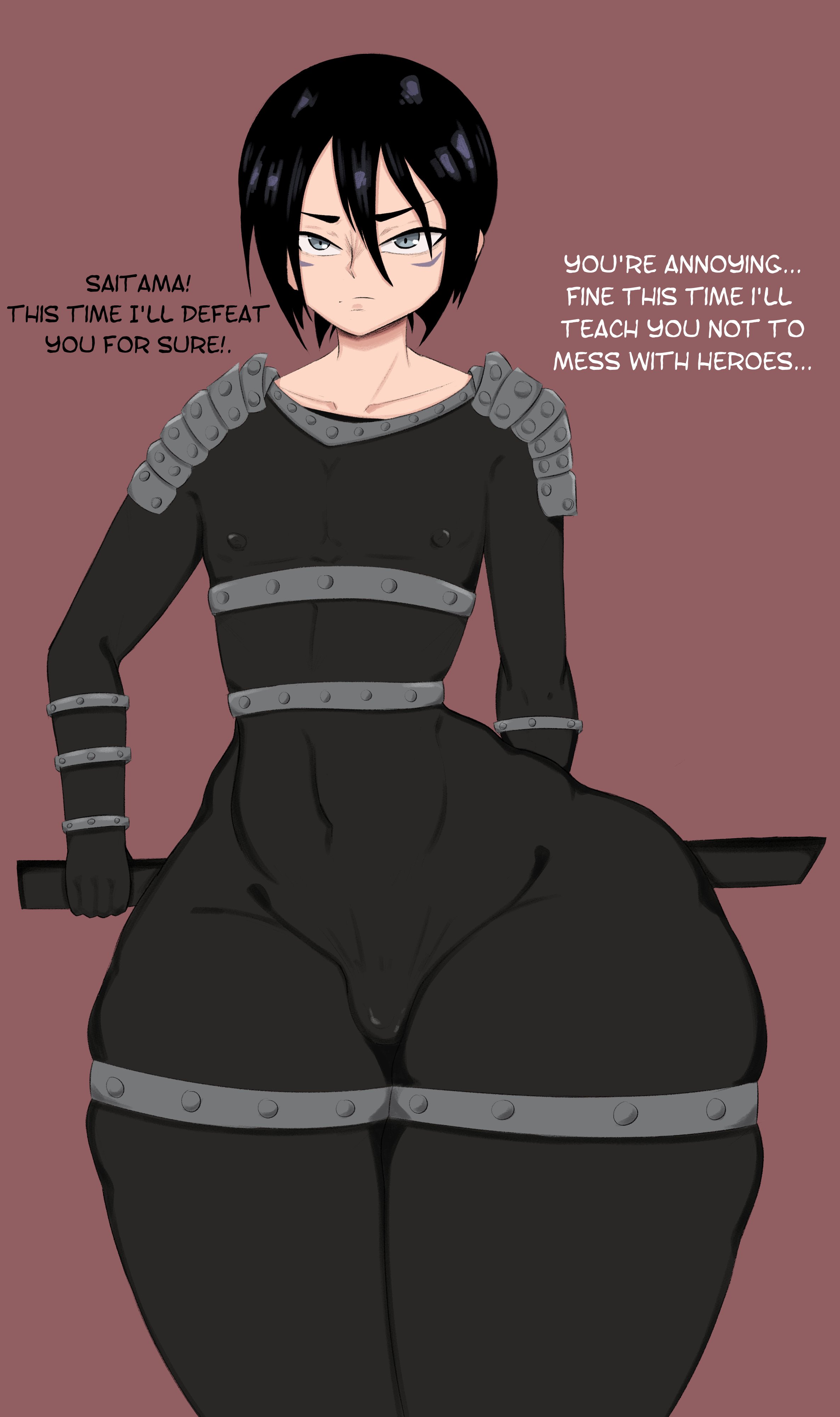 1boy, black hair, bodysuit, bulge, eye contact, femboy, girly, looking at viewer, male, male only, one-punch man, reecedantes, short hair, skin tight, solo, solo male, speed-o'-sound sonic, standing, sword, text, thick thighs, thighs, wide hips