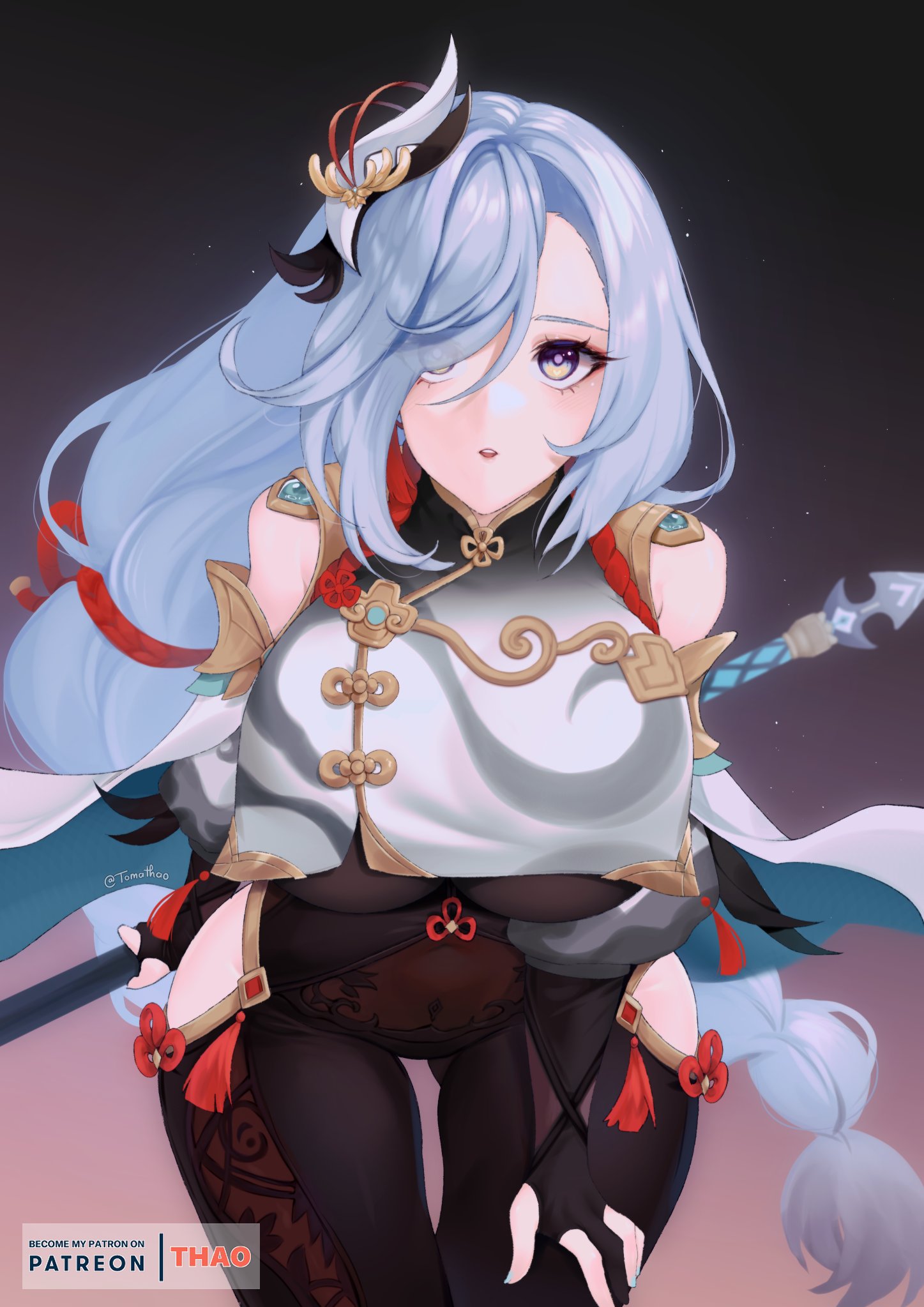 1girls, absurd res, ass visible through thighs, bent over, big breasts, blush, bodysuit, breasts, clothed, clothing, female, genshin impact, hair ornament, hair over one eye, hi res, highres, huge breasts, large breasts, long hair, looking at viewer, purple eyes, see-through, see-through clothing, shenhe (genshin impact), simple background, solo, thick thighs, thigh gap, thighs, tomathao, weapon, white hair