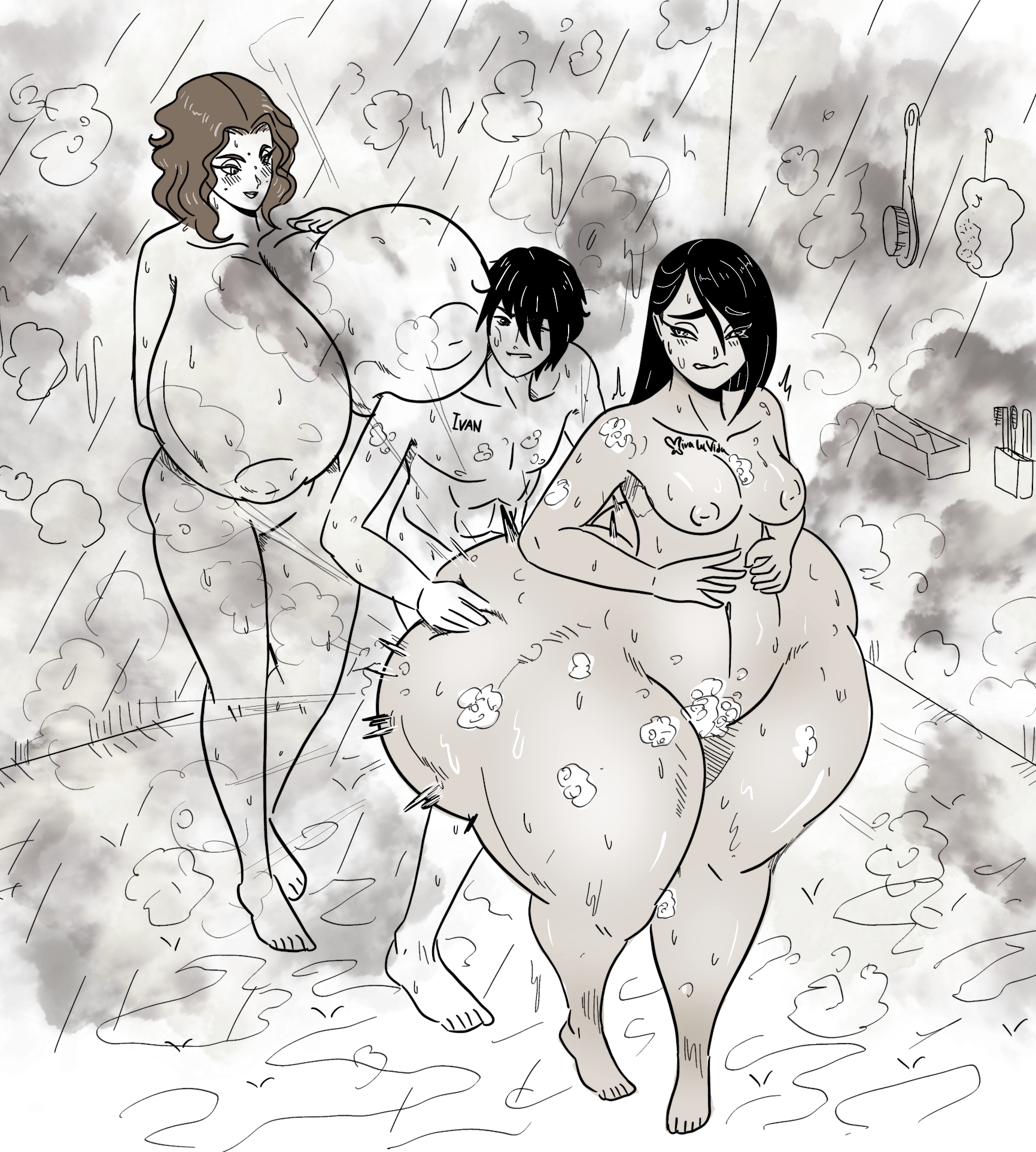 1boy, 2girls, big breasts, black hair, breasts, brown hair, fart, fart cloud, fart everywhere, fart fetish, farting, female, huge breasts, huge hips, large hips, leshawk, male, nipples, shower, thick thighs, thighs, wide hips