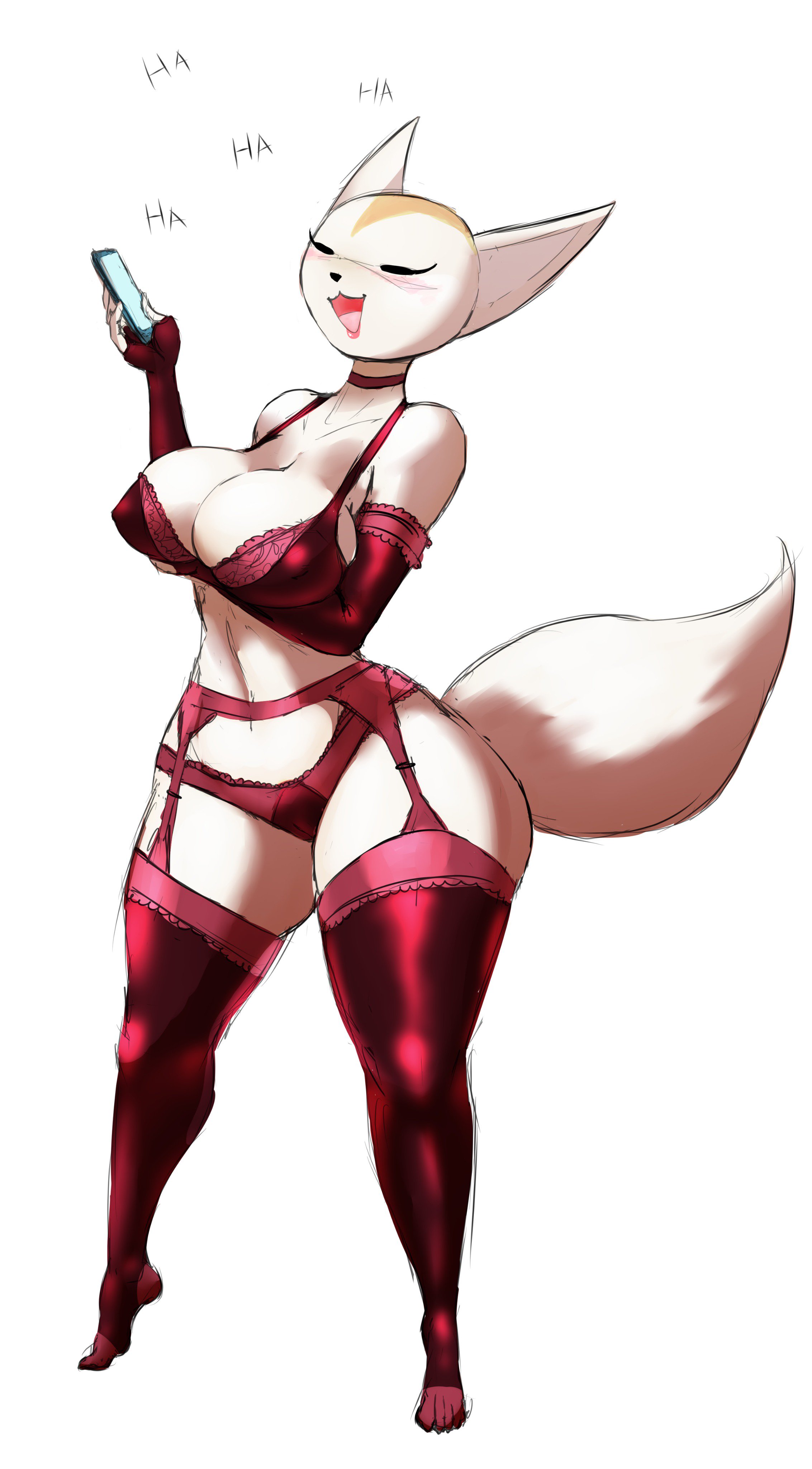 2019, absurd res, aggressive retsuko, anthro, big breasts, blush, breasts, canid, canine, cellphone, female, fennec, fenneko, fox, gausscannon, hi res, holding cellphone, holding object, holding phone, holding smartphone, mammal, open mouth, phone, sanrio, simple background, smartphone, smooth fur, solo, white background