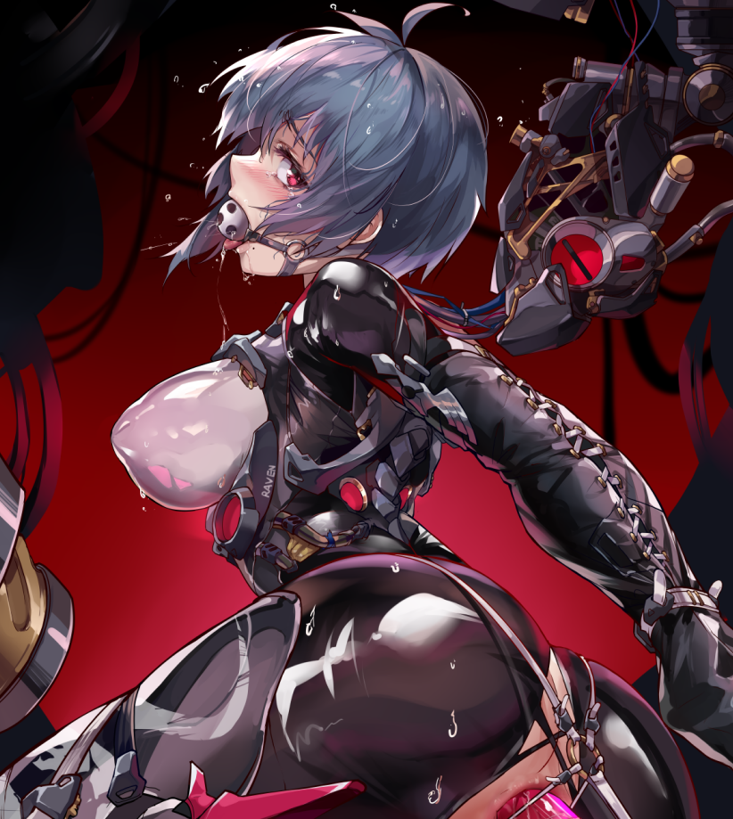 anal armbinder ass back ball_gag bangs big_ass bondage bound breasts dildo female gag grey_hair honkai_(series) honkai_impact_3rd large_breasts long_sleeves looking_at_viewer looking_back machine monoglove raven_(honkai_impact) red_background red_eyes reward_available saliva sex_toy short_hair solo sweat zombie-andy