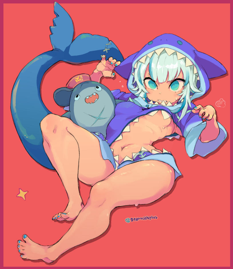 belly_button blahaj bloop_(gawr_gura) blue_eyes breasts covered_nipples female female_focus female_only gawr_gura hololive hololive_english hololive_myth ikea laying_down shark shark_girl shark_hood shark_plush shark_tail solo starmilk tagme thick_thighs thighs virtual_youtuber