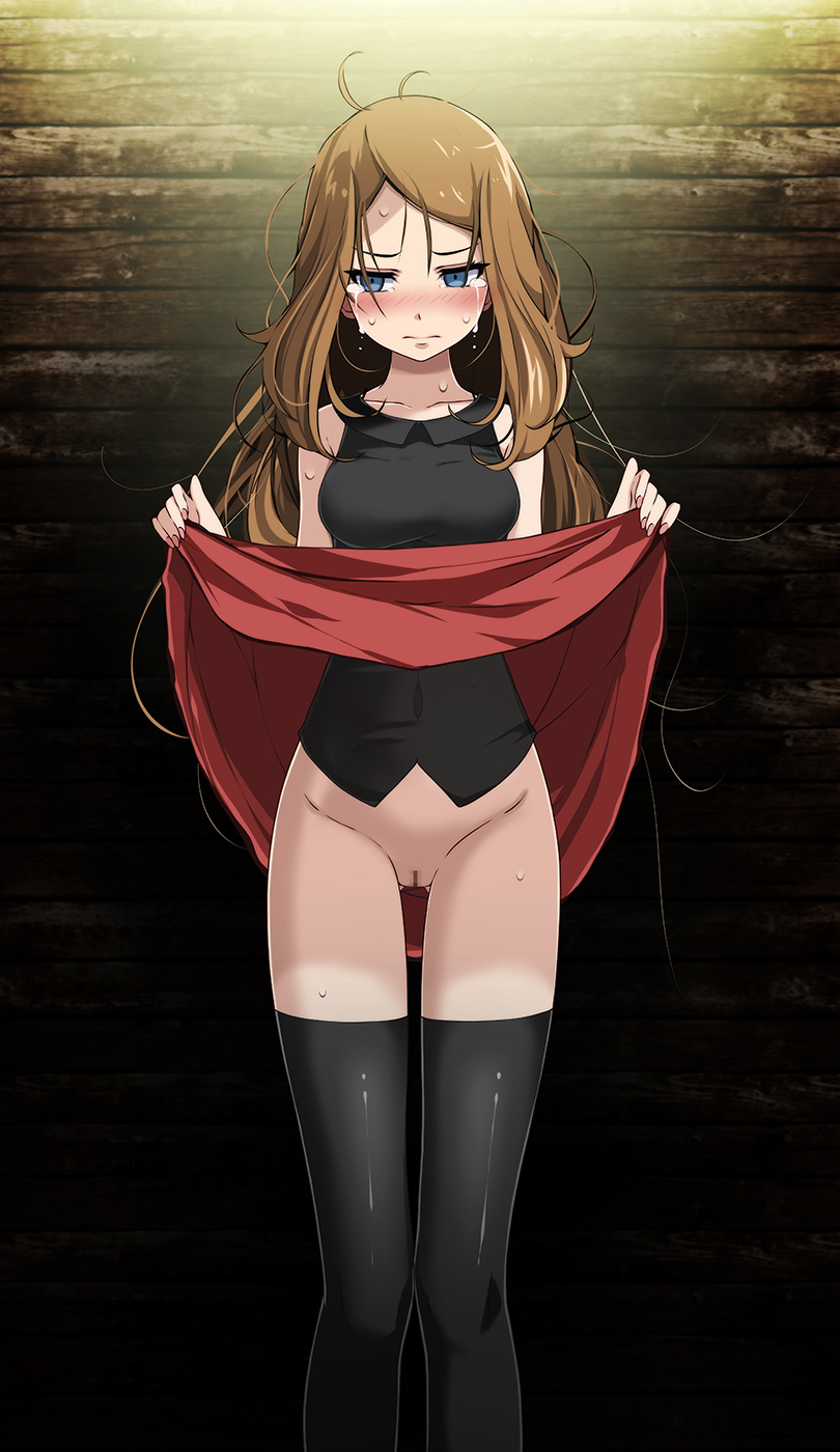 against_wall ass_visible_through_thighs bangs black_legwear black_shirt blue_eyes blush breasts brown_hair censored closed_mouth clothes_lift collarbone covered_navel crying crying_with_eyes_open female highres humiliation lifted_by_self long_hair looking_away medium_breasts messy_hair miniskirt mosaic_censoring no_panties parted_bangs pokemon pokemon_(game) pokemon_xy pussy red_skirt serena_(pokemon) serena_(pokemon_games) shiny shiny_clothes shiny_legwear shirt skirt skirt_lift sleeveless sleeveless_shirt solo standing straight_hair sweatdrop tears thigh_gap thighhighs tsukishiro_saika very_long_hair wooden_wall