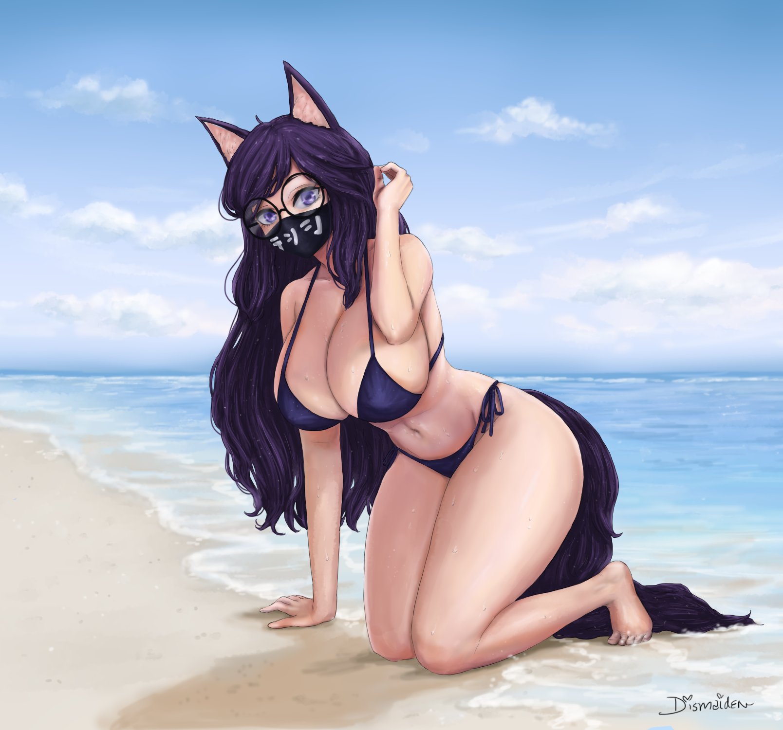 1girls, artist name, beach, belly button, big breasts, bikini, black glasses, breasts, cleavage, clouds, commission, day, dismaiden, face mask, feet, female, female only, glasses, kemonomimi, light skin, light-skinned female, long hair, looking at viewer, mitsuki (hanns33694210), ocean, on knees, original, original character, pale skin, pale-skinned female, purple bikini, purple ears, purple eyes, purple hair, sand, signature, sky, solo, solo female, stomach, thick thighs, thighs, water, wet, wet hair, wet skin, wolf ears, wolf girl, wolf tail