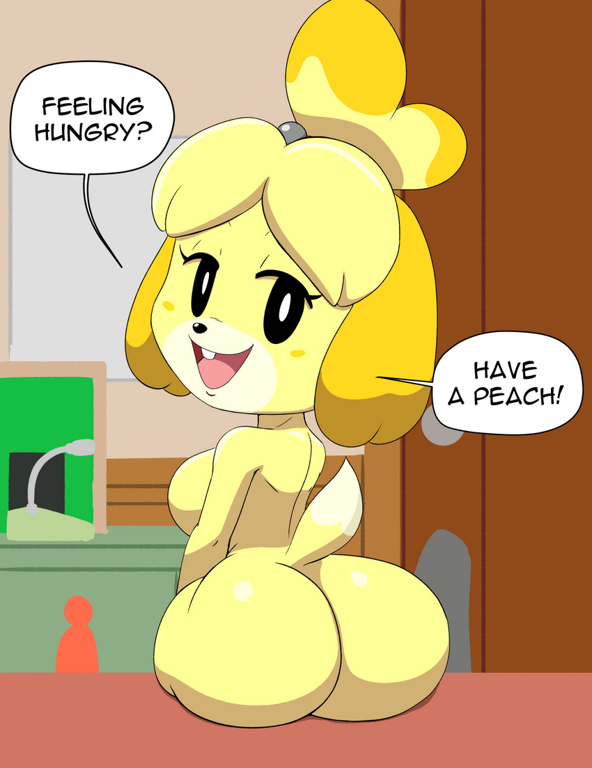 animal crossing, anthro, ass, big ass, big butt, canid, canine, canis, dialogue, english text, female, fur, furry, isabelle (animal crossing), looking at viewer, looking back, naked, nintendo, nude, tagme, tail, tansau, text