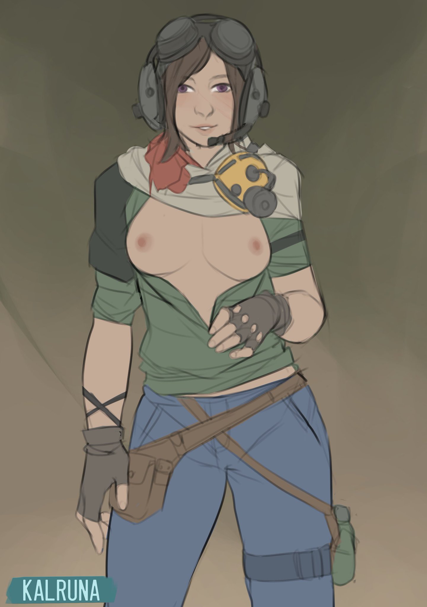 1girls, 2021, 2d, areolae, artist name, breasts, brown hair, call of duty, call of duty black ops cold war, call of duty zombies, clothed female, clothing, digital media (artwork), female, female focus, female only, gloves, green clothing, headgear, headphones, hips, kalruna, light skin, light-skinned female, looking at viewer, mostly clothed, nipples, partially nude, purple eyes, samantha maxis, simple background, small breasts, smile, solo, solo female, solo focus, standing, tagme, thick thighs, thighs, undressing