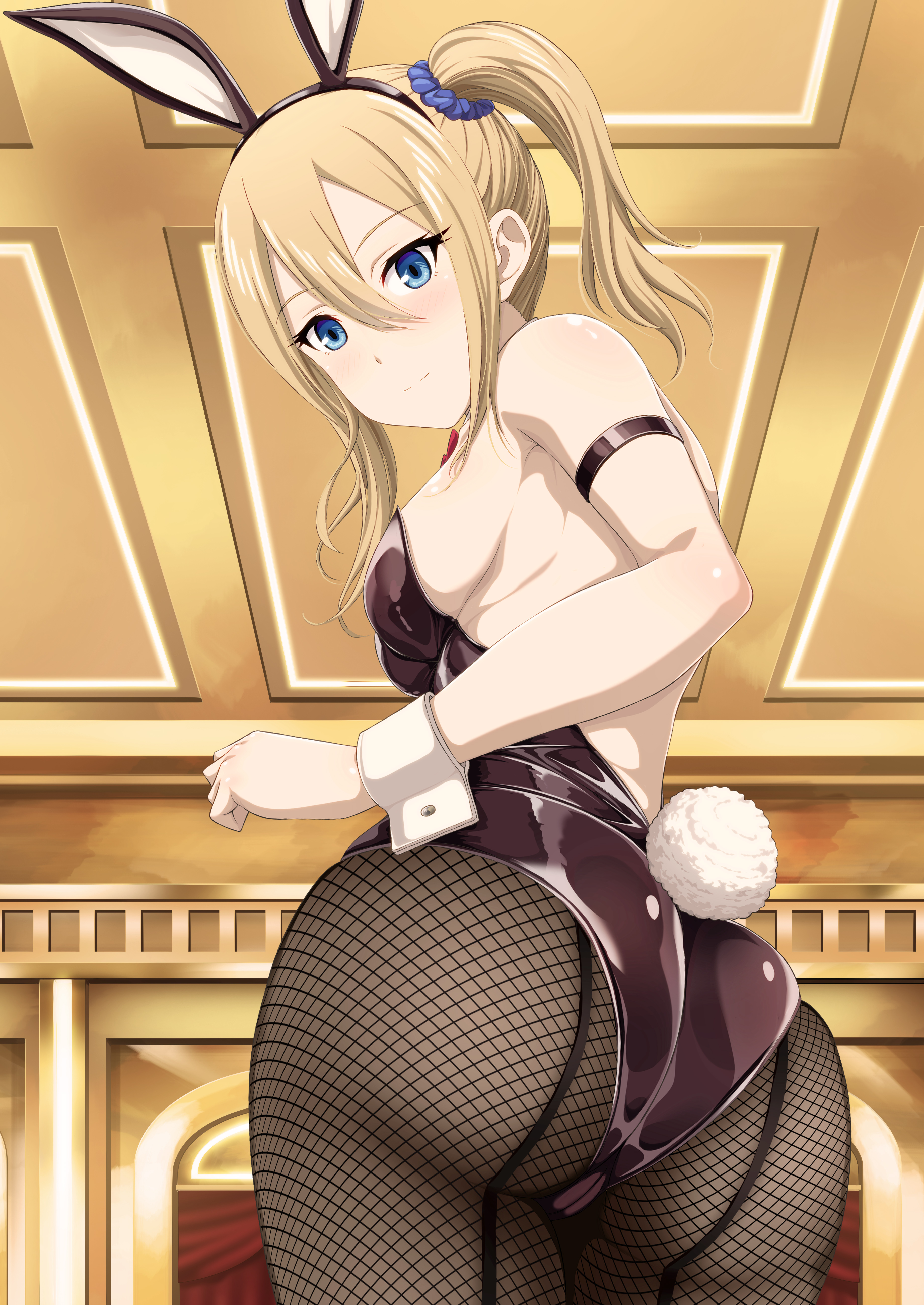 1girls, absurd res, ass, blonde hair, blue eyes, breasts, bunny ears, bunny tail, bunnysuit, eye contact, female, hayasaka ai, high resolution, inoshira, kaguya-sama wa kokurasetai ~tensai-tachi no renai zunousen~, leotard, looking at viewer, pantyhose, shiny clothes, standing, thick thighs, thighs