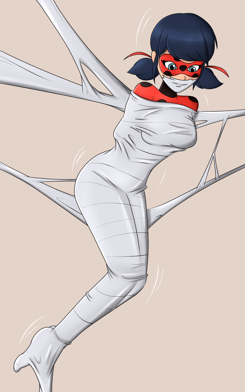 1girls blue_eyes bodysuit bondage bound brown_background domino_mask gag gagged ladybug_(character) marinette_cheng marinette_dupain-cheng mask miraculous_ladybug nivek15 over_the_mouth_gag restrained simple_background solo spider_web swept_bangs web_bondage web_gag