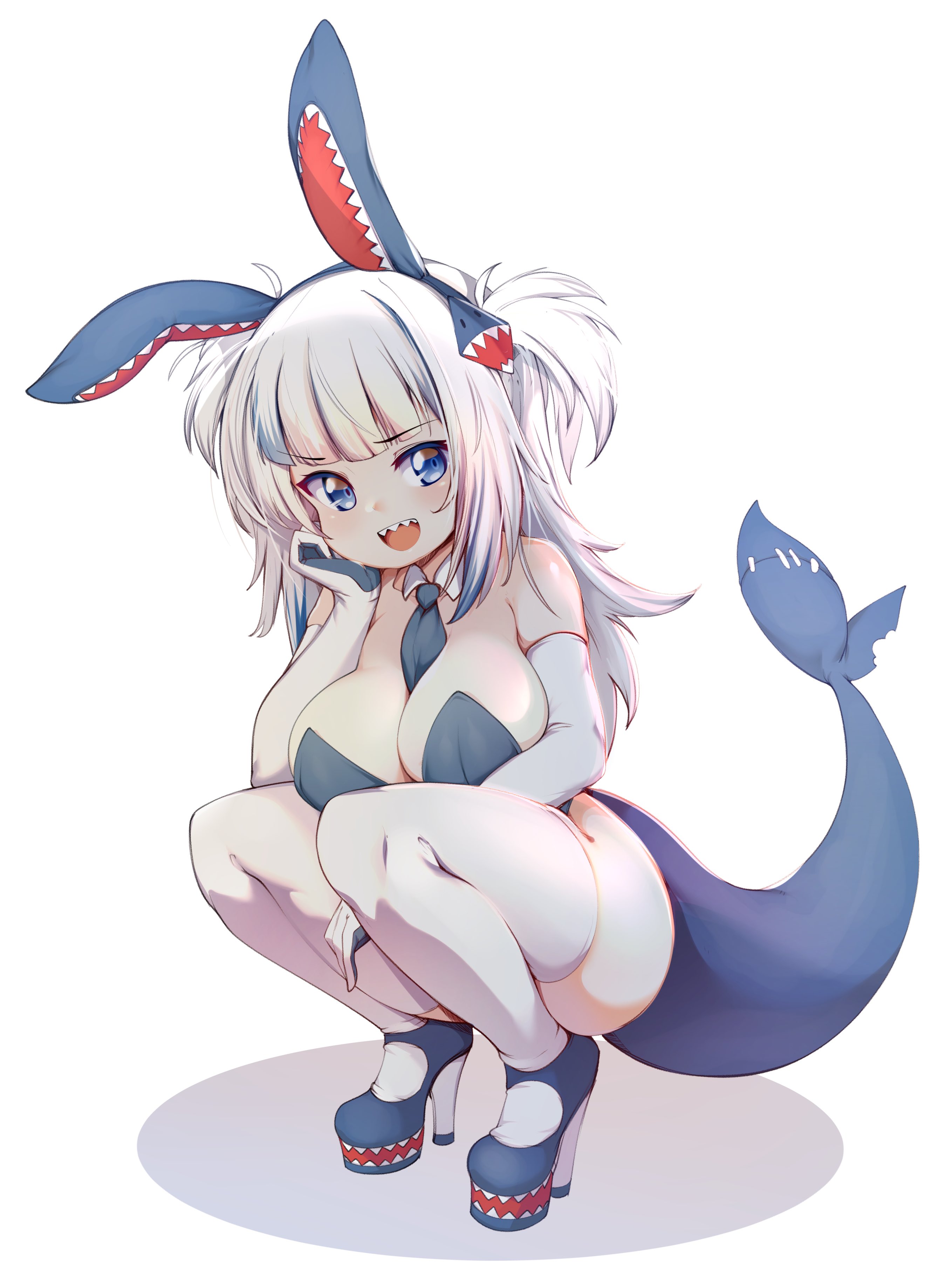 1girls, 2021, alternate breast size, big breasts, blue leotard, breasts, bunny ears, bunny girl, bunnysuit, cleavage, detached collar, female, female only, gawr gura, hi res, hololive, hololive english, hololive myth, large breasts, leotard, long tail, looking at viewer, necktie, pointy teeth, shark girl, shark tail, simple background, slugbox, smile, squatting, tail, thick thighs, thighhighs, thighs, virtual youtuber, white background, white hair