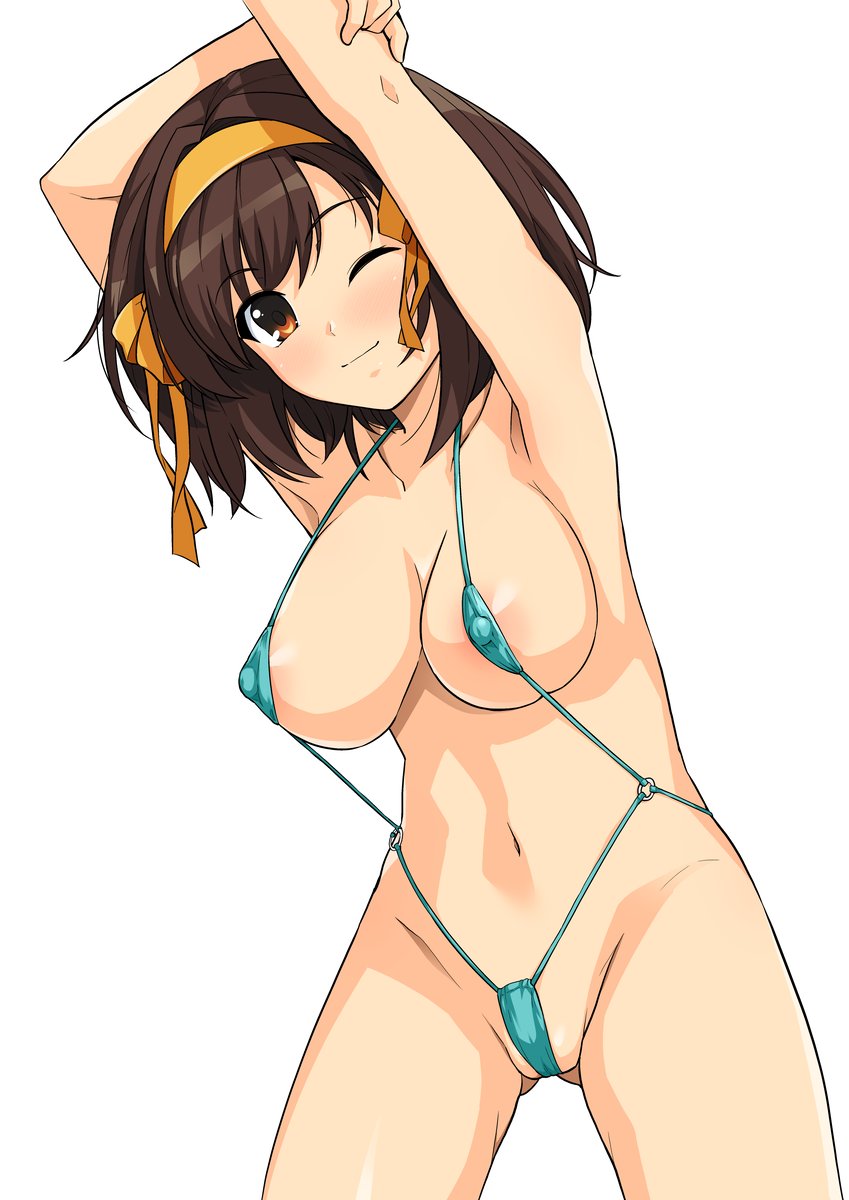 breasts, erect nipples under clothes, female, haruhisky, large breasts, sling bikini, suzumiya haruhi, suzumiya haruhi no yuuutsu, swimsuit