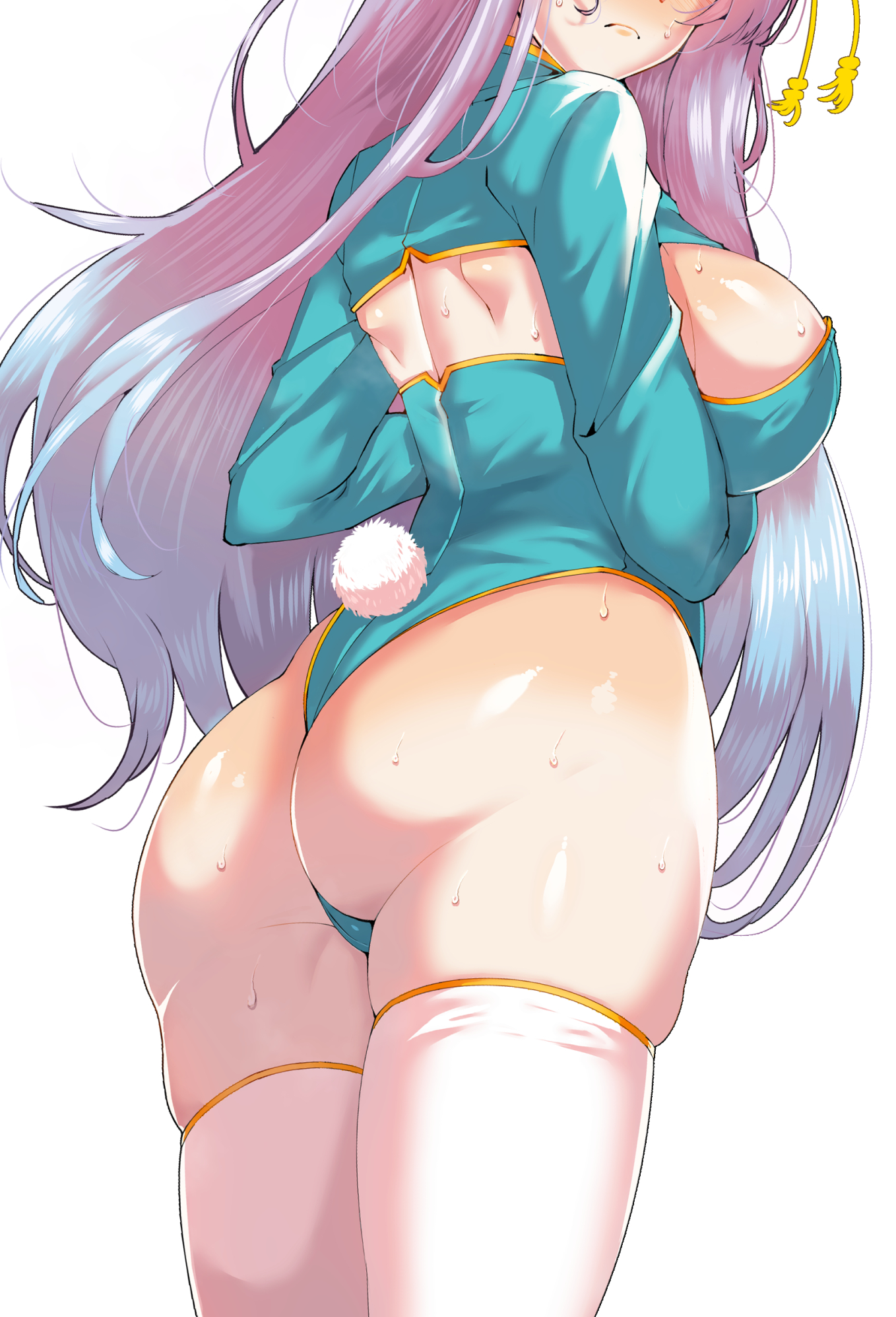 ass, ass focus, blue hair, blush, breasts, closed mouth, female, from behind, gradient hair, green leotard, highres, large breasts, leotard, long hair, long sleeves, multicolored hair, original, pink hair, simple background, thighhighs, thighs, wakura (gcdan), white background, white legwear