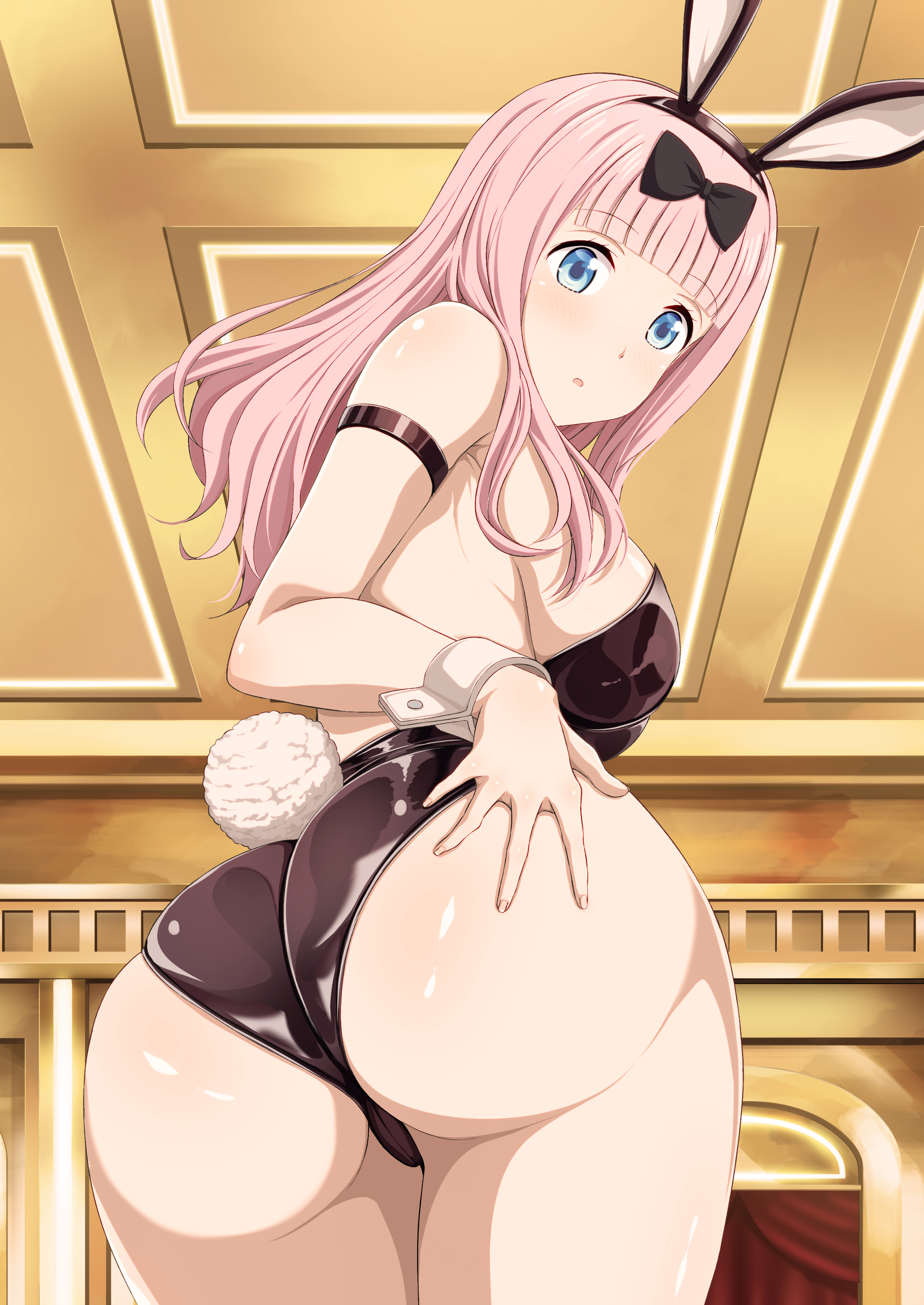 1girls, absurd res, ass, big ass, big breasts, big butt, blue eyes, breasts, bunny ears, bunny tail, bunnysuit, eastern style, eye contact, female, fujiwara chika, grabbing own ass, high resolution, inoshira, kaguya-sama wa kokurasetai ~tensai-tachi no renai zunousen~, leotard, long hair, looking at viewer, pink hair, shiny clothes, standing, thick thighs, thighs
