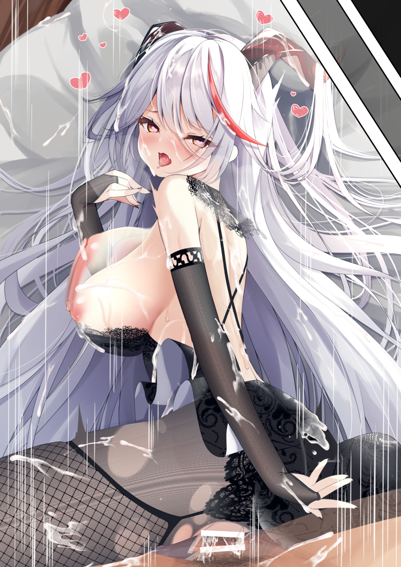 1boy aegir_(azur_lane) alternate_costume azur_lane backless_dress backless_outfit bar_censor bare_shoulders bareback black_dress black_gloves breasts bridal_gauntlets censored commentary_request cum cum_on_body cum_on_breasts cum_on_clothes cum_on_hair dress female fine_fabric_emphasis gloves hair_on_horn heart heart-shaped_pupils large_breasts long_hair looking_at_viewer lying madotsukumo male_pubic_hair motion_lines multicolored_hair on_side penis pubic_hair red_hair sex straight symbol-shaped_pupils torn_clothes torn_legwear two-tone_hair vaginal_penetration very_long_hair white_hair yellow_eyes