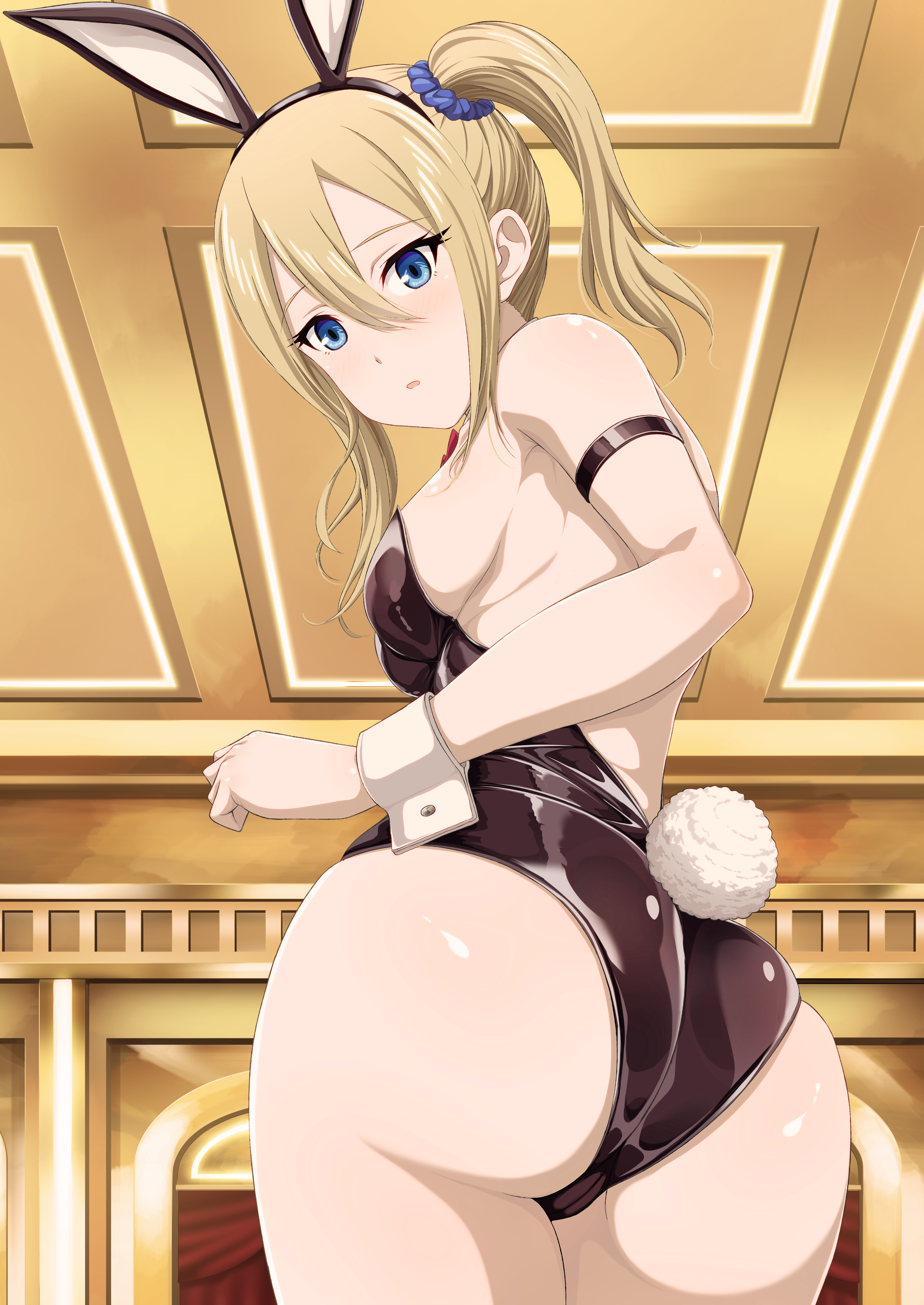 1girls, absurd res, ass, blonde hair, blue eyes, breasts, bunny ears, bunny tail, bunnysuit, eye contact, female, hayasaka ai, high resolution, inoshira, kaguya-sama wa kokurasetai ~tensai-tachi no renai zunousen~, leotard, looking at viewer, shiny clothes, standing, thick thighs, thighs