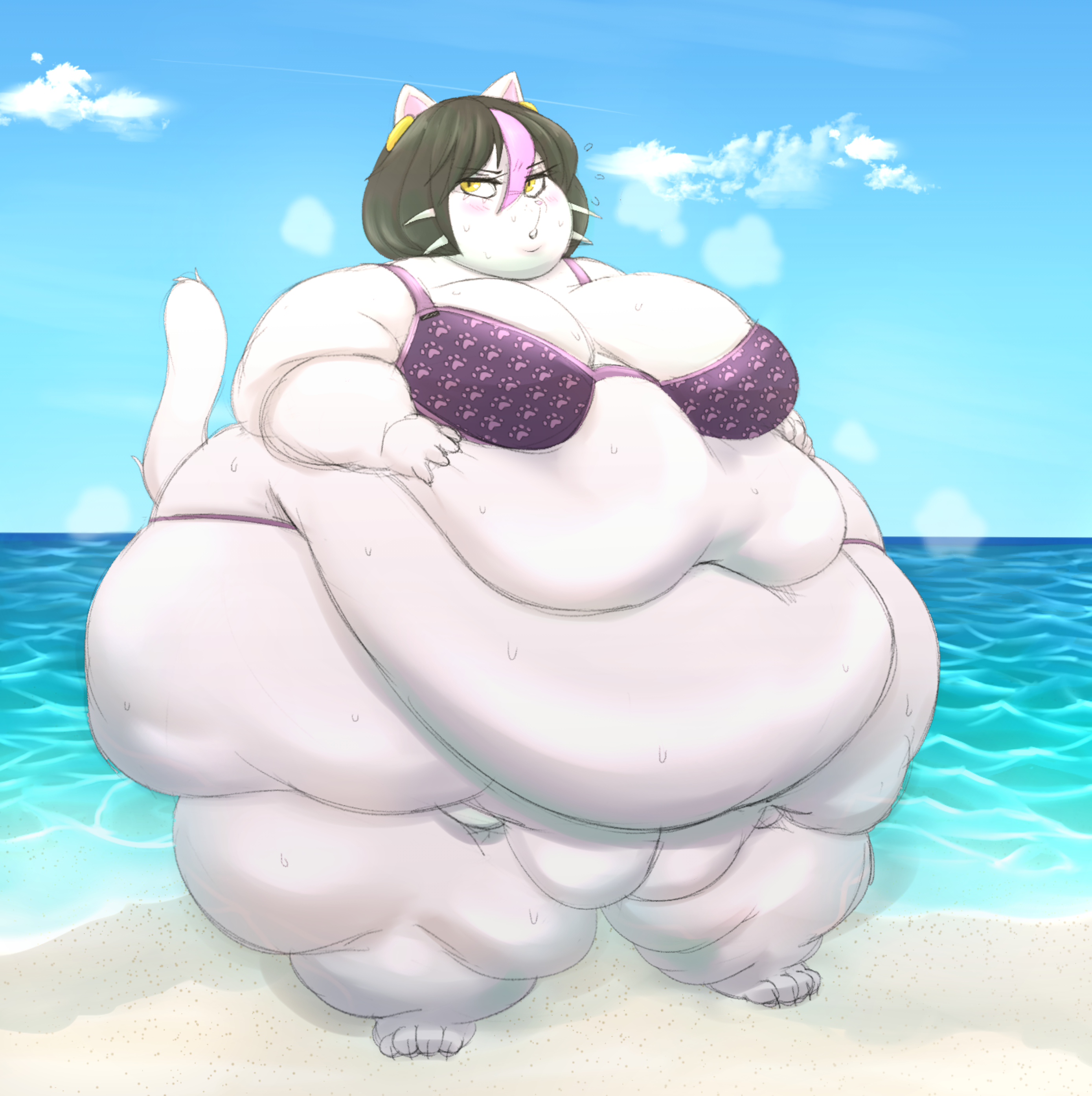 beach, bikini, catti (deltarune), deltarune, fat, fat belly, fat female, feline, female, furry, gigantic belly, huwon, morbidly obese, obese, obese female, ssbbw, sweat, undertale (series)
