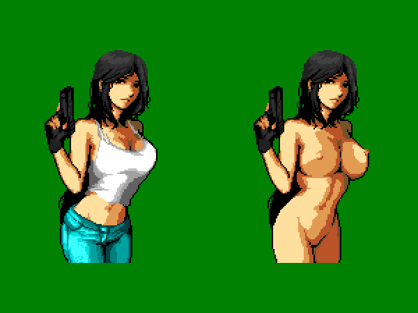 1girls areola black_hair blue_jeans breasts character_request copyright_request female female_focus female_only gloves holding_gun jeans light_skin light_skinned_female long_hair looking_at_viewer no_sex nude nude_female pants pixel_art plump_breasts raravista shaved_pussy tank_top