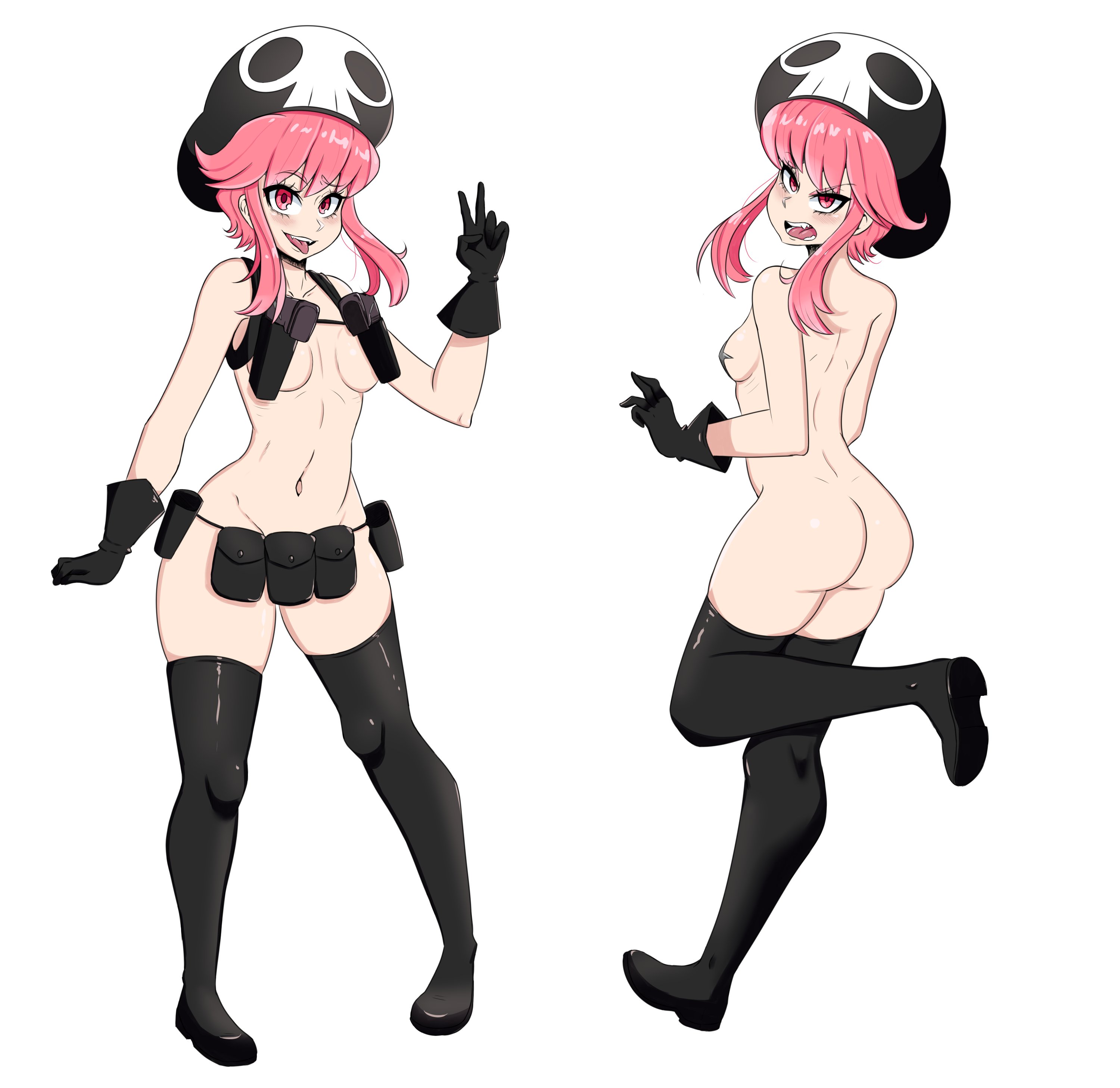 1girls, angry, ass, boots, bottomless, breasts, cabbie hat, cleavage, cosplay, duke wintermaul, female, female focus, female only, front view, full body, happy, hat, jakuzure nonon, kill la kill, nintendo, nudist beach uniform, off/on, panties, pasties, petite, pink hair, pink-haired female, pokemon, rear view, smile, solo, standing, suddenly naked, team skull grunt (cosplay), teenager, thigh boots, v, white background, young savage