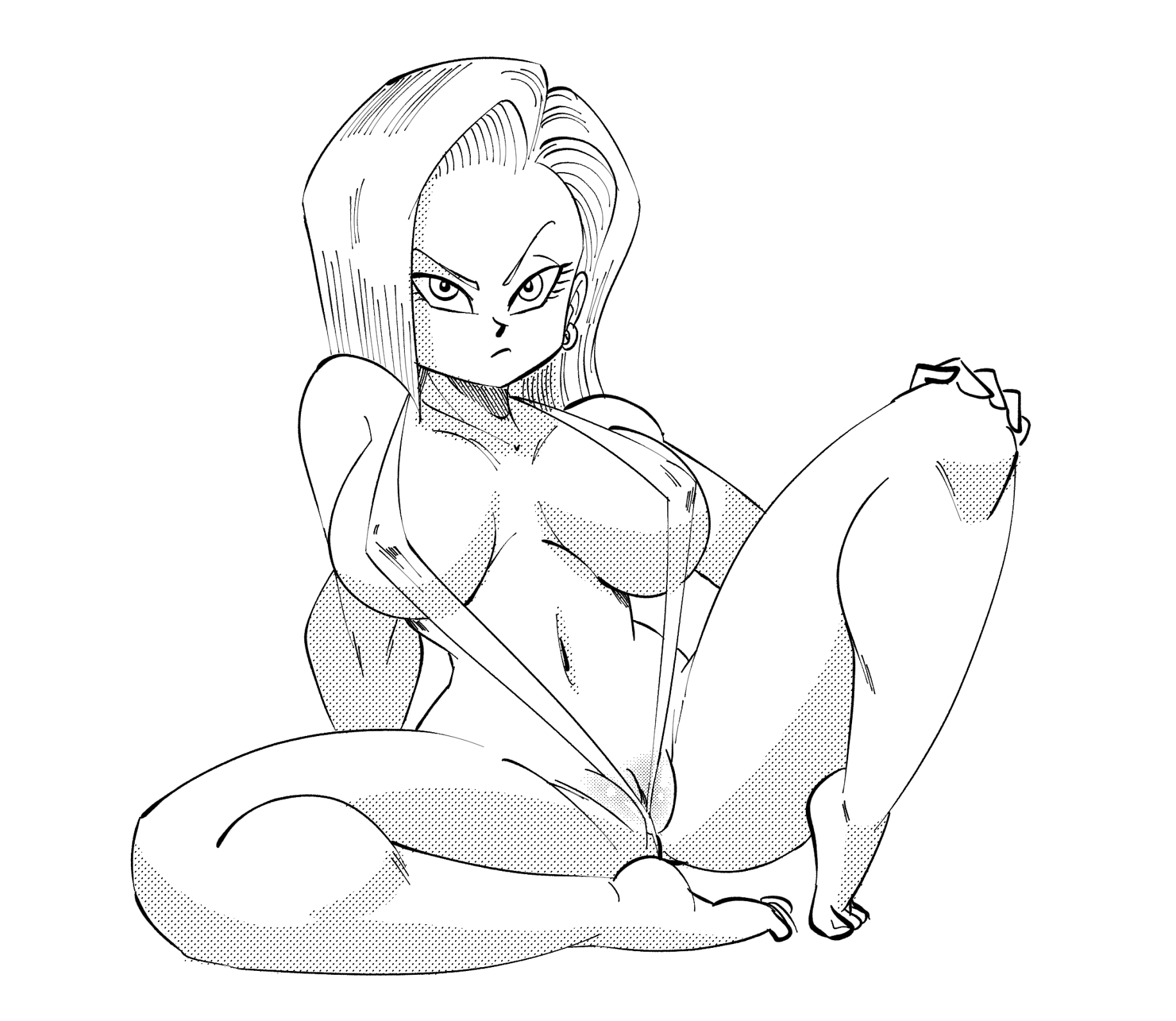1girls, android 18, big breasts, breasts, dragon ball, dragon ball super, dragon ball z, female, female only, funsexydragonball, huge breasts, lazuli (dragon ball), leotard, monochrome, shounen jump, sling bikini, solo, solo female
