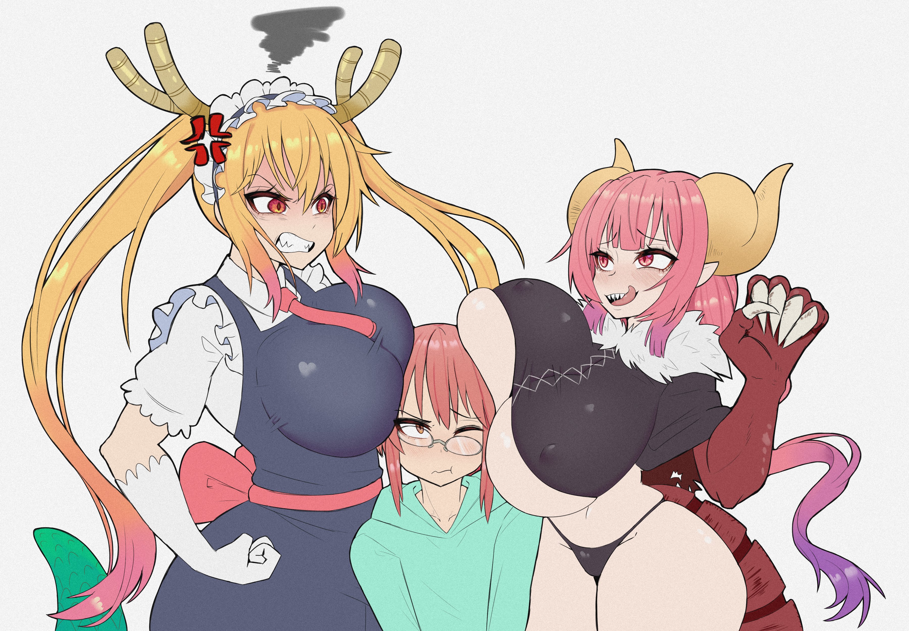 3girls, angry, black thong, breast contest, breasts, cleavage, duke wintermaul, female, female focus, female only, huge breasts, ilulu (dragon maid), kobayashi, maid, miss kobayashi's dragon maid, no pants, panties, thick thighs, thighs, thong, tohru (dragon maid), young savage