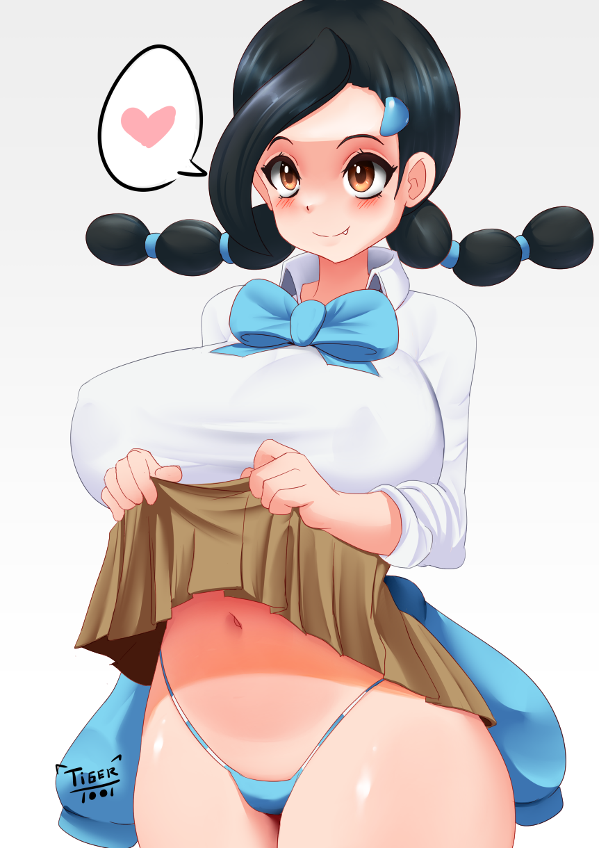 1girls 2021 alternate_breast_size artist_logo artist_signature belly_button black_hair blue_panties blush bowtie breasts brown_eyes candice_(pokemon) clothed clothed_female cute_fang female female_only flashing_panties hair_ornament hips huge_breasts long_hair naughty_face nintendo panties pokemon pokemon_dppt short_skirt simple_background skirt skirt_lift slim_waist smile thick_thighs thighs tiger1001 twintails white_background white_shirt wide_hips