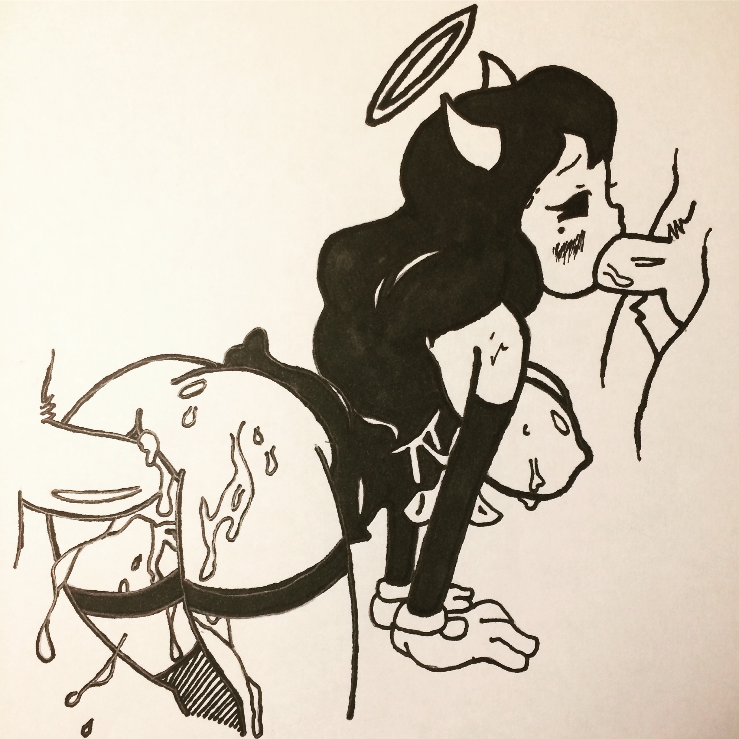 1girls, 2boys, alice angel, artist request, bendy and the ink machine, blowjob, breasts, faceless male, fellatio, female, female focus, horns, male, male/female, nipples, oral, oral sex, sex, tagme, threesome