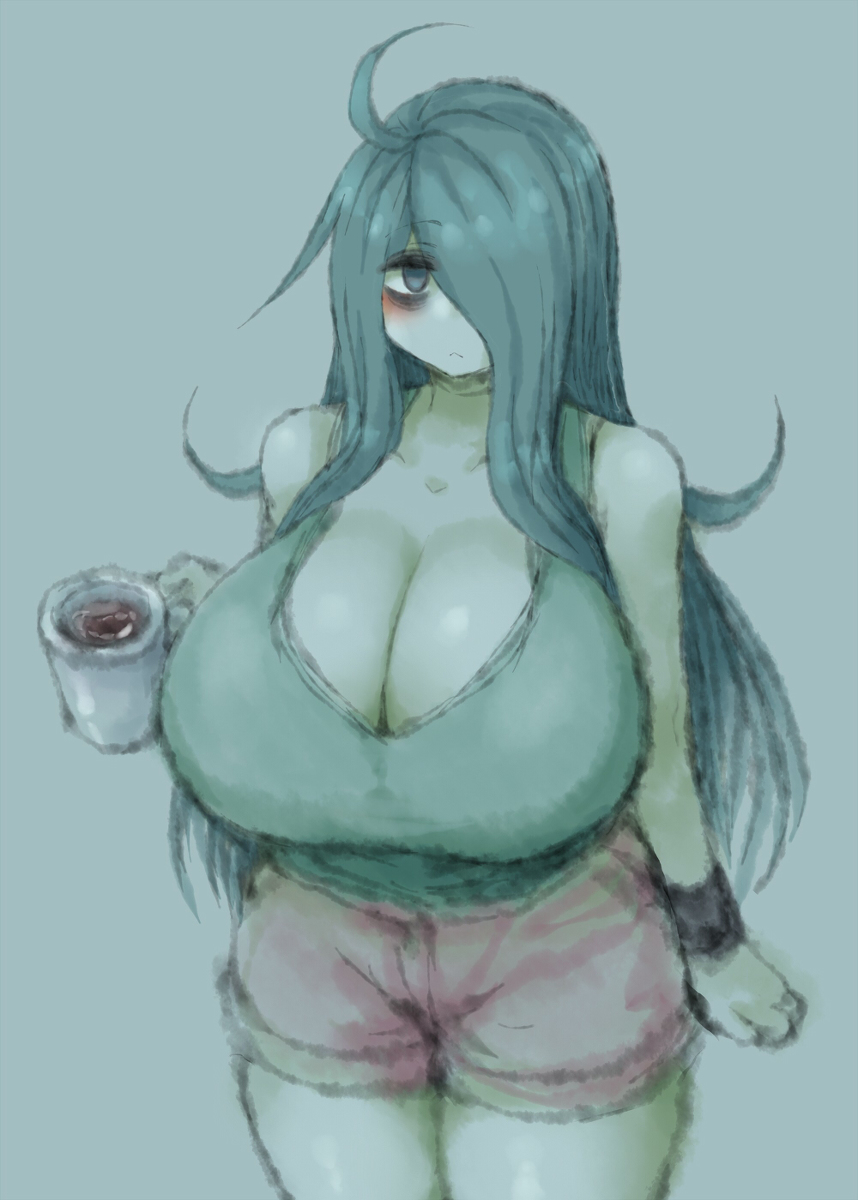 2b213, bags under eyes, big breasts, breasts, cleavage, clothed, female, hair over one eye, holding mug, huge breasts, human, mei (2b213), shorts, sleepwear, solo