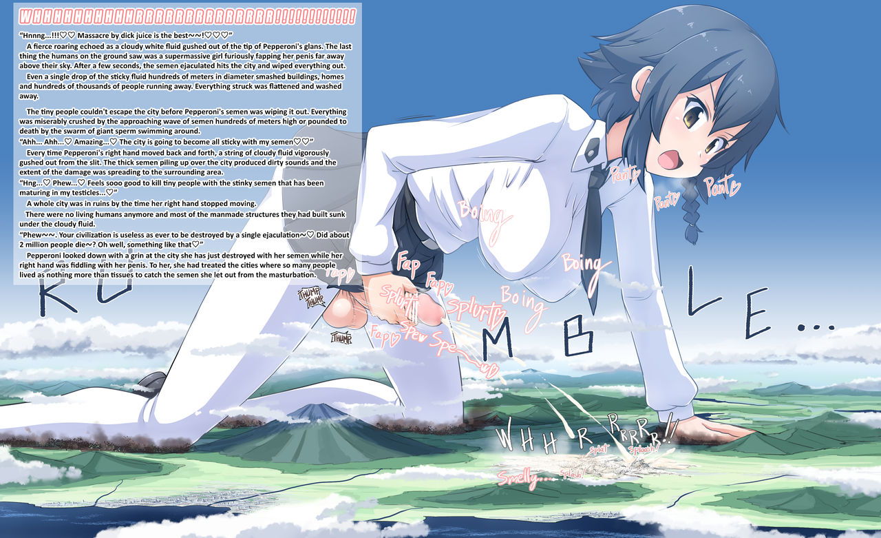 1futa, all fours, balls, bar censor, big breasts, breasts, caption, censor bar, censored, city, clothed, clothing, cum, cumming, cumshot, death, destruction, earth, ejaculation, english text, erect penis, erection, futa giantess, futa only, futanari, giant futa, giantess, girls und panzer, human, intersex, light skin, light-skinned futa, macro, macro futa, masturbation, mostly clothed, ochiko terada, penis, penis out, pepperoni (girls und panzer), skirt, solo, testicles, text, tie