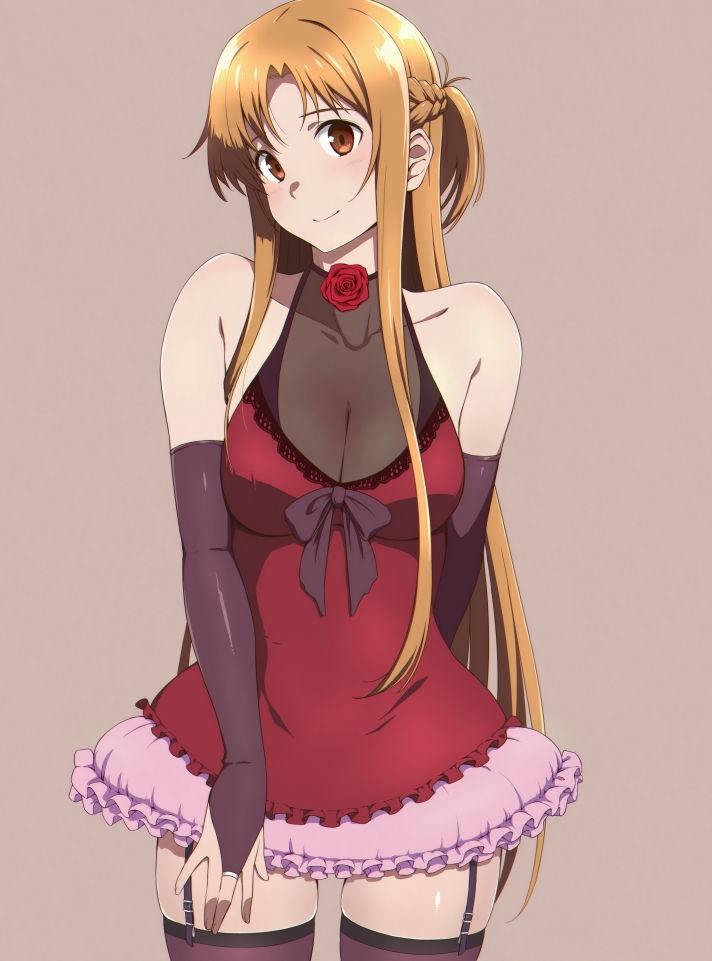 arm at side, arm behind back, bangs, bare shoulders, black ribbon, blush, braid, breasts, brown eyes, brown hair, choker, cleavage, collarbone, dress, elbow gloves, female, flower, garter straps, gloves, long hair, looking at viewer, medium breasts, parted bangs, partially fingerless gloves, puge, red dress, ribbon, rose, simple background, smile, standing, sword art online, thighhighs, yuuki asuna, zettai ryouiki