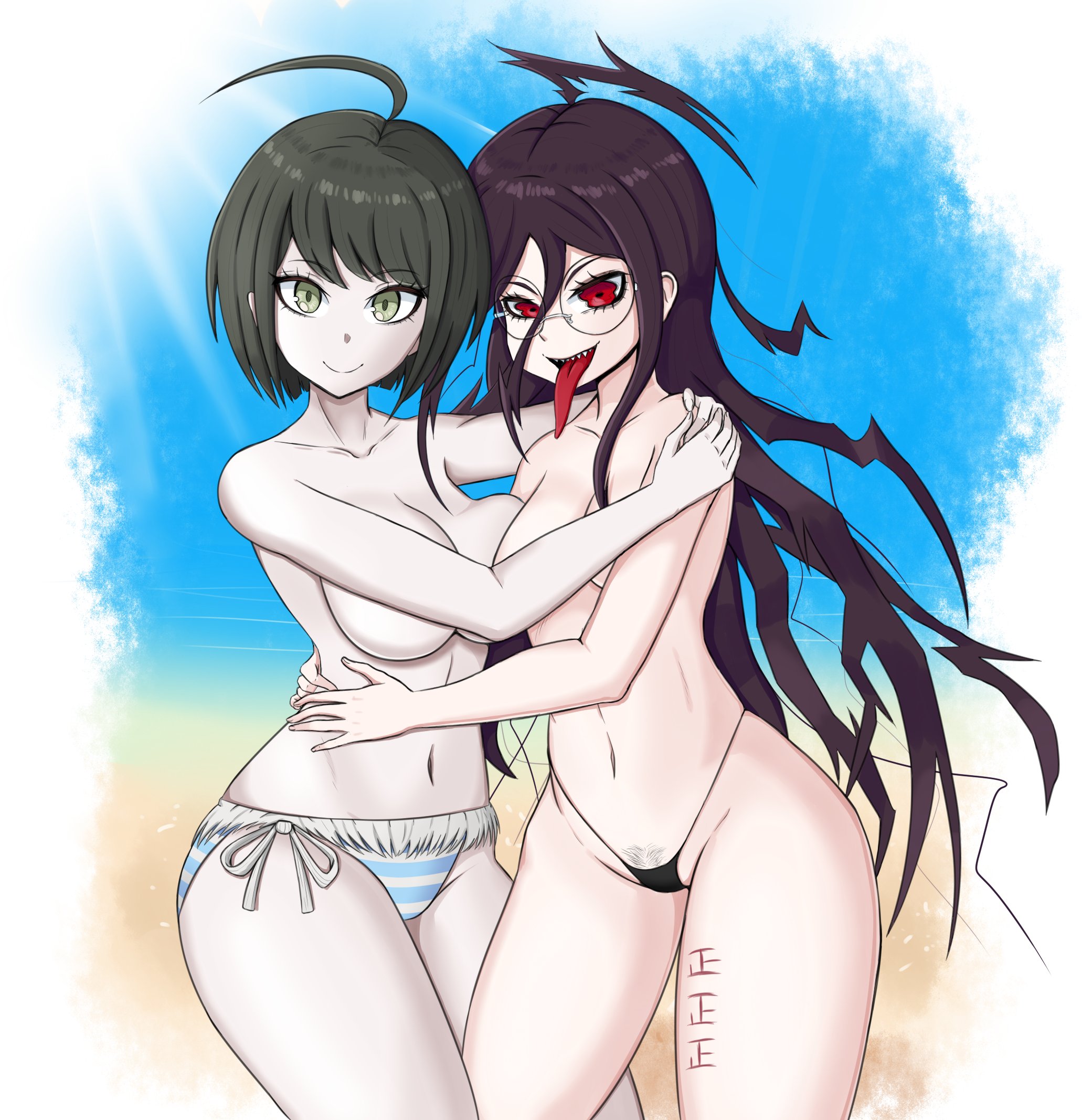 2girls, beach, breasts, danganronpa, danganronpa s: ultimate summer camp, danganronpa ultra despair girls, duke wintermaul, female, female focus, female only, fukawa touko, naegi komaru, panties, smooth skin, tongue, tongue out, topless, young savage