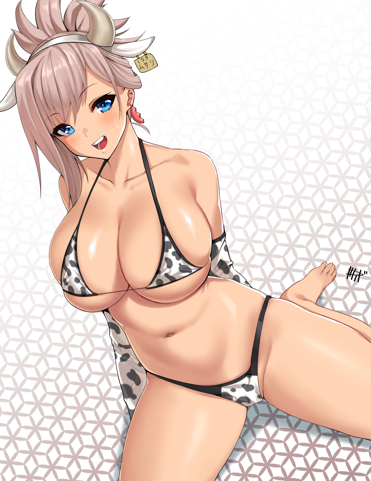 1girls, 2021, alternate costume, animal costume, animal ears, animal print, armwear, bangs, bare legs, bare shoulders, barefoot, big breasts, bikini, blue eyes, blush, breasts, chinese zodiac, cleavage, cow costume, cow ears, cow girl, cow horns, cow print, cow print armwear, cow print bikini, ear tag, earrings, elbow gloves, eyebrows visible through hair, fake horns, fate (series), fate/grand order, female, female focus, female only, gloves, groin, halter top, halterneck, highleg, highleg bikini, highleg swimsuit, highres, horns, huge breasts, jewelry, kisaragi tsurugi, looking at viewer, micro bikini, miyamoto musashi (fate), navel, open mouth, pink hair, ponytail, simple background, sitting, skindentation, smile, solo, solo female, stomach, string bikini, sweatdrop, swimsuit, wariza, year of the ox