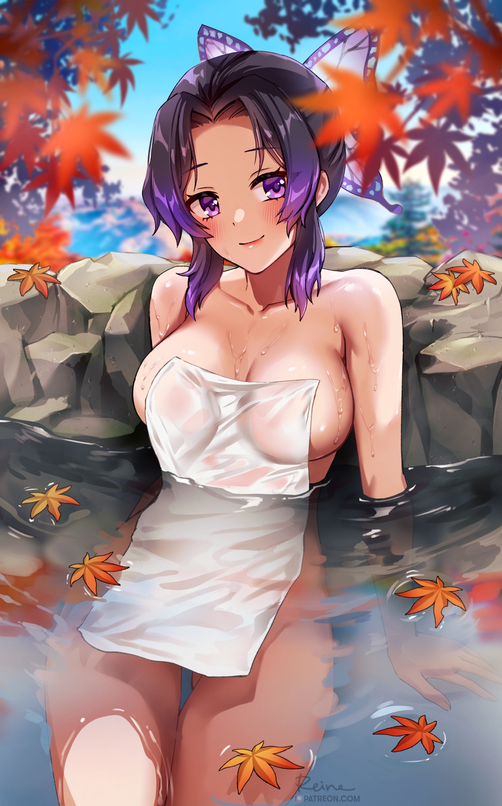 1girls, 2021, alternate version available, anime style, artist signature, autumn, autumn leaves, black hair, blush, breasts, butterfly hair ornament, covered nipples, daytime, demon slayer, detailed background, female, female only, foxy rain (foxyreine), foxyrain (foxyreine), foxyreine, hips, hot spring, huge breasts, kimetsu no yaiba, kochou shinobu, looking at viewer, medium hair, naked towel, onsen, outdoor bathing, outdoors, partially submerged, purple eyes, purple hair, purple-haired female, sideboob, sitting, slim waist, smile, solo, thick thighs, thigh gap, thighs, towel, towel only, two-tone hair, water, wet, wet body, wet towel, wide hips