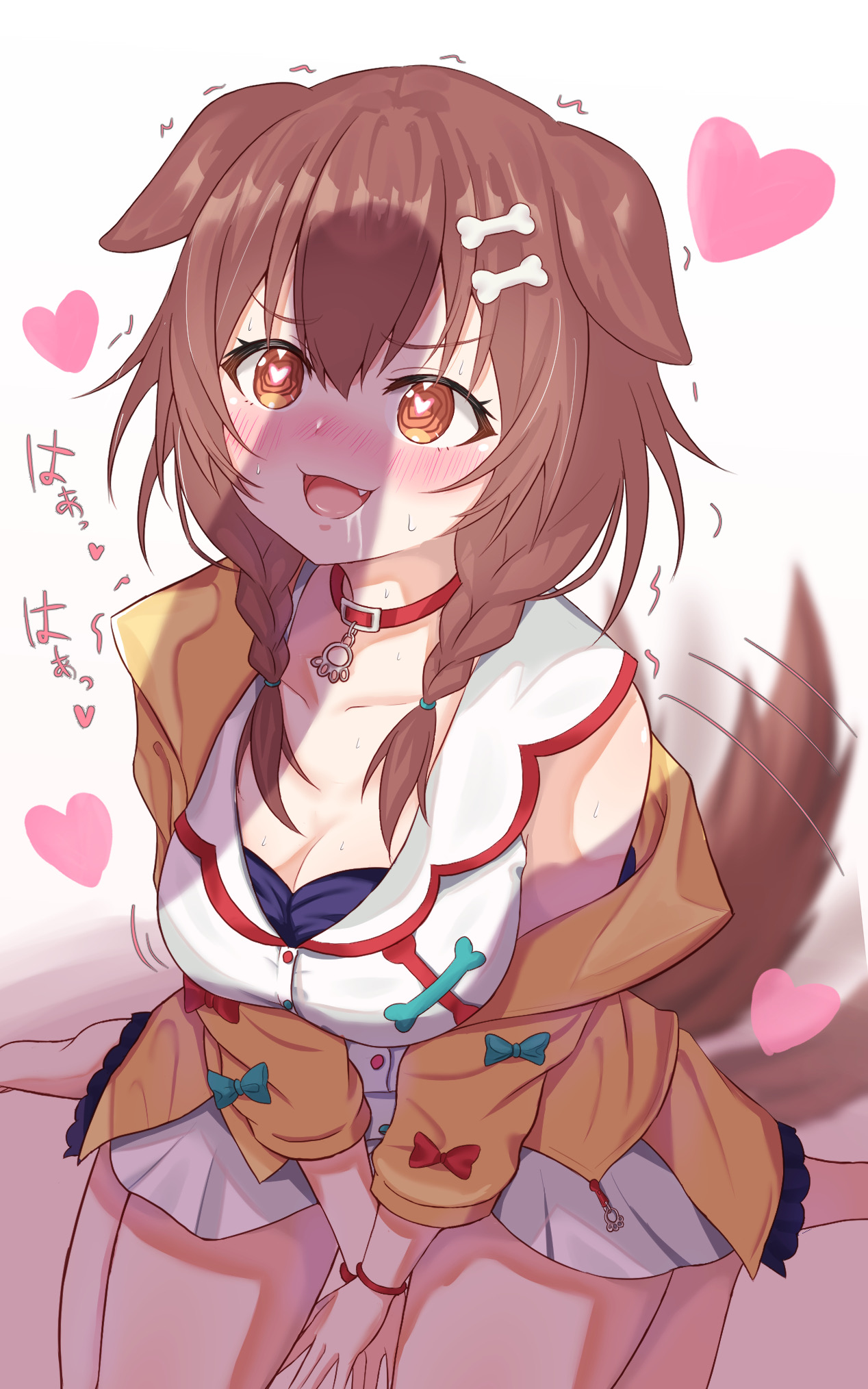 1girls, breasts, brown hair, dog ears, dog tail, female, heart eyes, heart-shaped pupils, hololive, hololive gamers, hololive japan, in love with cock, inugami korone, looking at penis, male, penis, penis awe, penis shadow, rareku, saliva, shaking, solo, sweat, sweatdrop, text, virtual youtuber