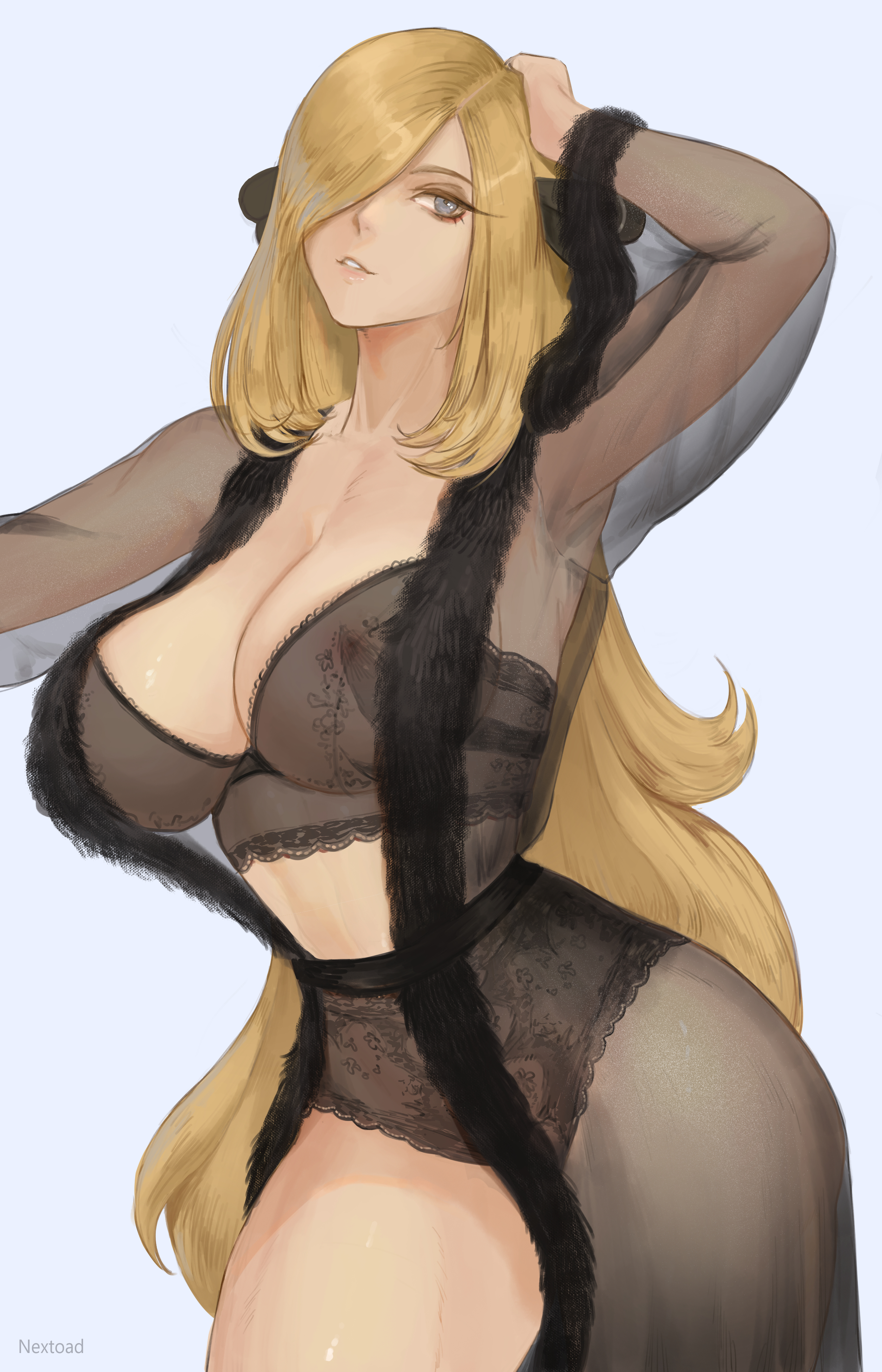 1girls, 2021, alternate version available, armpits, black bra, black panties, blonde hair, blue eyes, bra, breasts, bustier, cleavage, curvy, cynthia (pokemon), female, female focus, female only, fur trim, hair ornament, hair over one eye, hand on own head, large breasts, lingerie, long hair, mature female, milf, nextoad, panties, patreon username, pokemon, pokemon (game), pokemon dppt, see-through, solo, solo female, thick thighs, thighs, underwear