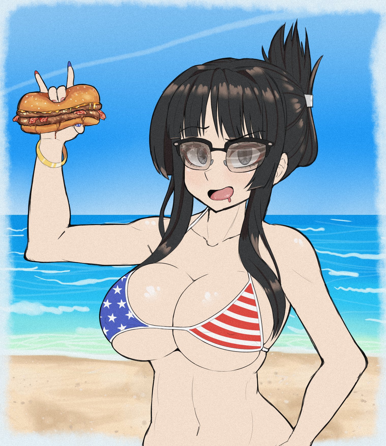 1girls, 4th of july, american flag bikini, beach, bikini, black eyes, black hair, breasts, burger, cleavage, duke wintermaul, female, female focus, female only, k-on!, mio akiyama (k-on!), sunglasses, tied hair, tinted eyewear, young savage