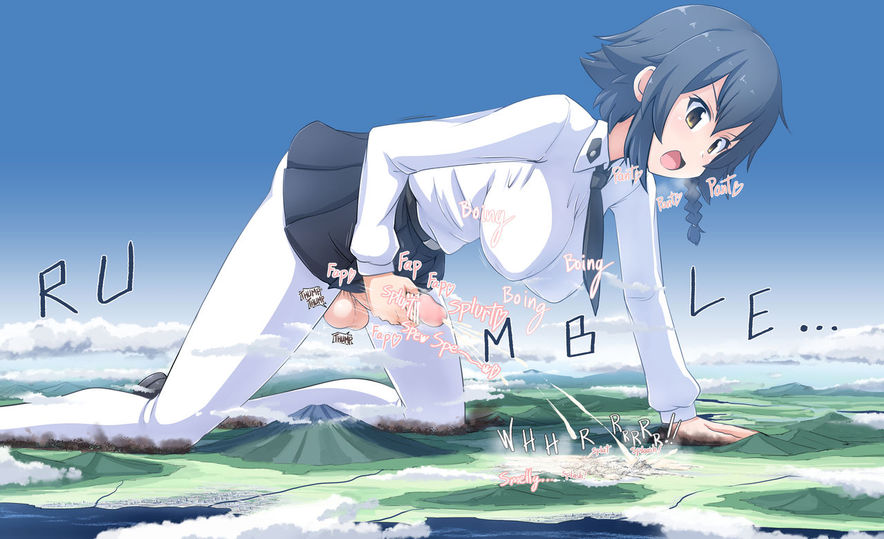 1futa, all fours, balls, bar censor, big breasts, breasts, caption, censor bar, censored, city, clothed, clothing, cum, cumming, cumshot, destruction, earth, ejaculation, erect penis, erection, futa giantess, futa only, futanari, giant futa, giantess, girls und panzer, human, intersex, light skin, light-skinned futa, macro, macro futa, masturbation, mostly clothed, ochiko terada, penis, penis out, pepperoni (girls und panzer), skirt, solo, testicles, tie