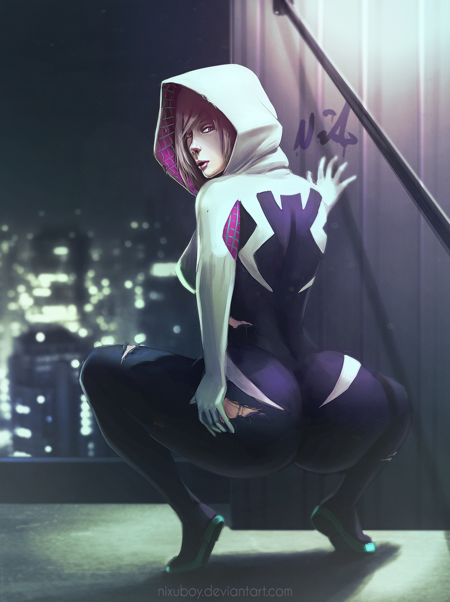 1girls, ass, big ass, blonde hair, bodysuit, bottom heavy, breasts, clothed, clothed female, female, female only, gwen stacy, hoodie, looking back, marvel, marvel comics, medium breasts, nixuboy, rear view, solo, spider-gwen, spider-man (series), squatting, tight clothing, torn clothing, torn legwear