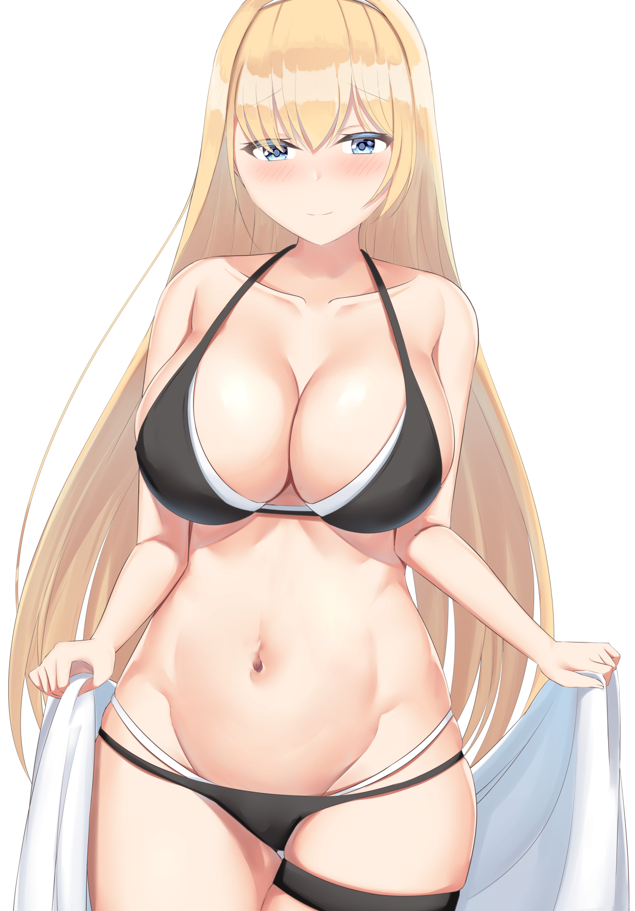 1girls, 2019, azur lane, bare shoulders, bikini, black bikini, black legwear, blonde hair, blue eyes, blush, breasts, cleavage, closed mouth, collarbone, commentary request, cowboy shot, eyebrows visible through hair, female, female focus, female only, groin, hair between eyes, hairband, highres, holding, holding towel, kanata (kanade pa), large breasts, legs together, light smile, long hair, looking at viewer, north carolina (azur lane), raised eyebrows, shiny, shiny hair, shiny skin, sidelocks, simple background, skindentation, solo, solo female, swimsuit, thigh gap, thigh strap, towel, white background, white bikini, white hairband