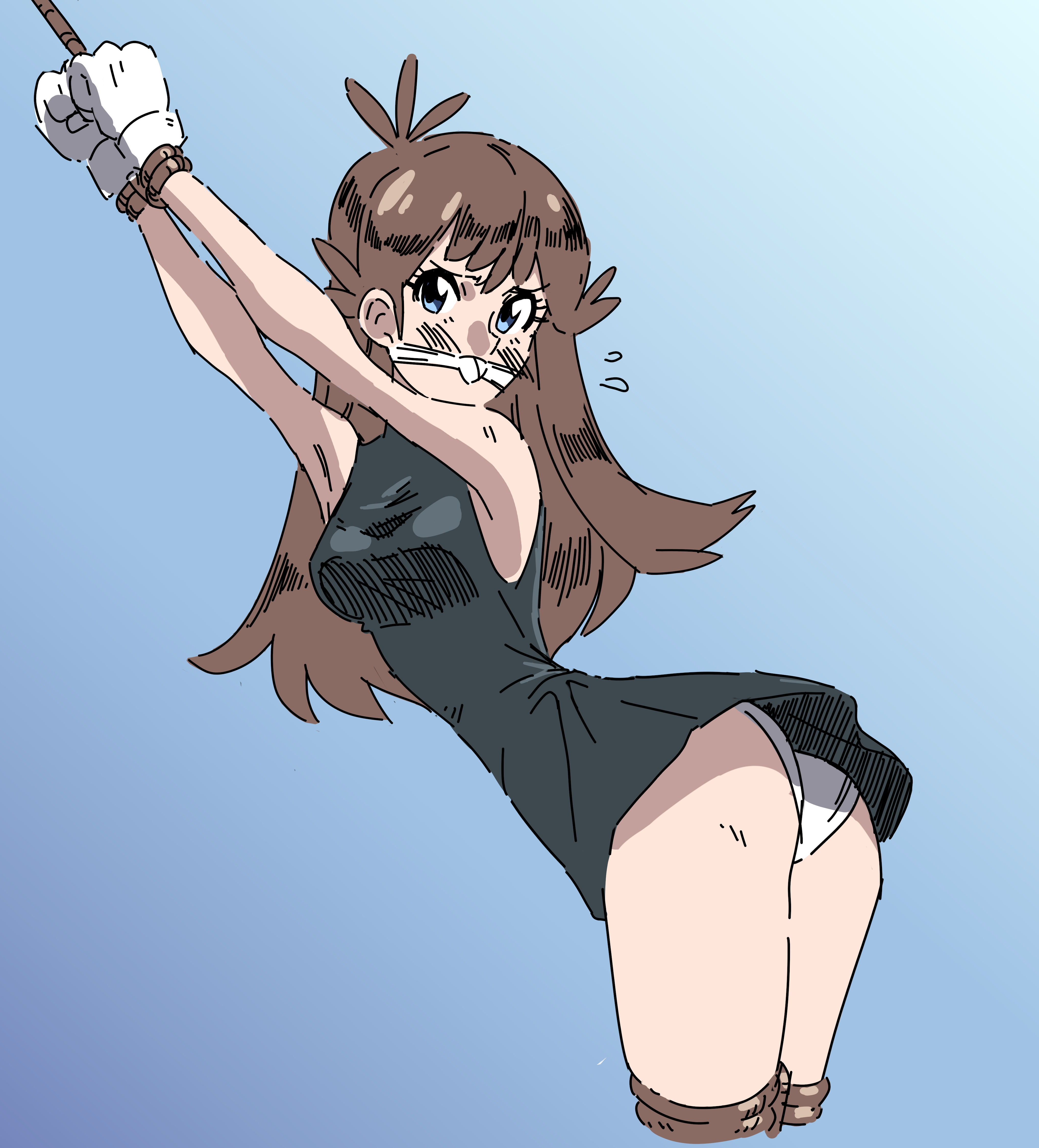 1girls, ass, blue eyes, bondage, bound legs, bound wrists, brown hair, cleave gag, female, gag, gagged, green (pokemon), leaf (pokemon), looking at viewer, nintendo, panties, pokemon, white panties