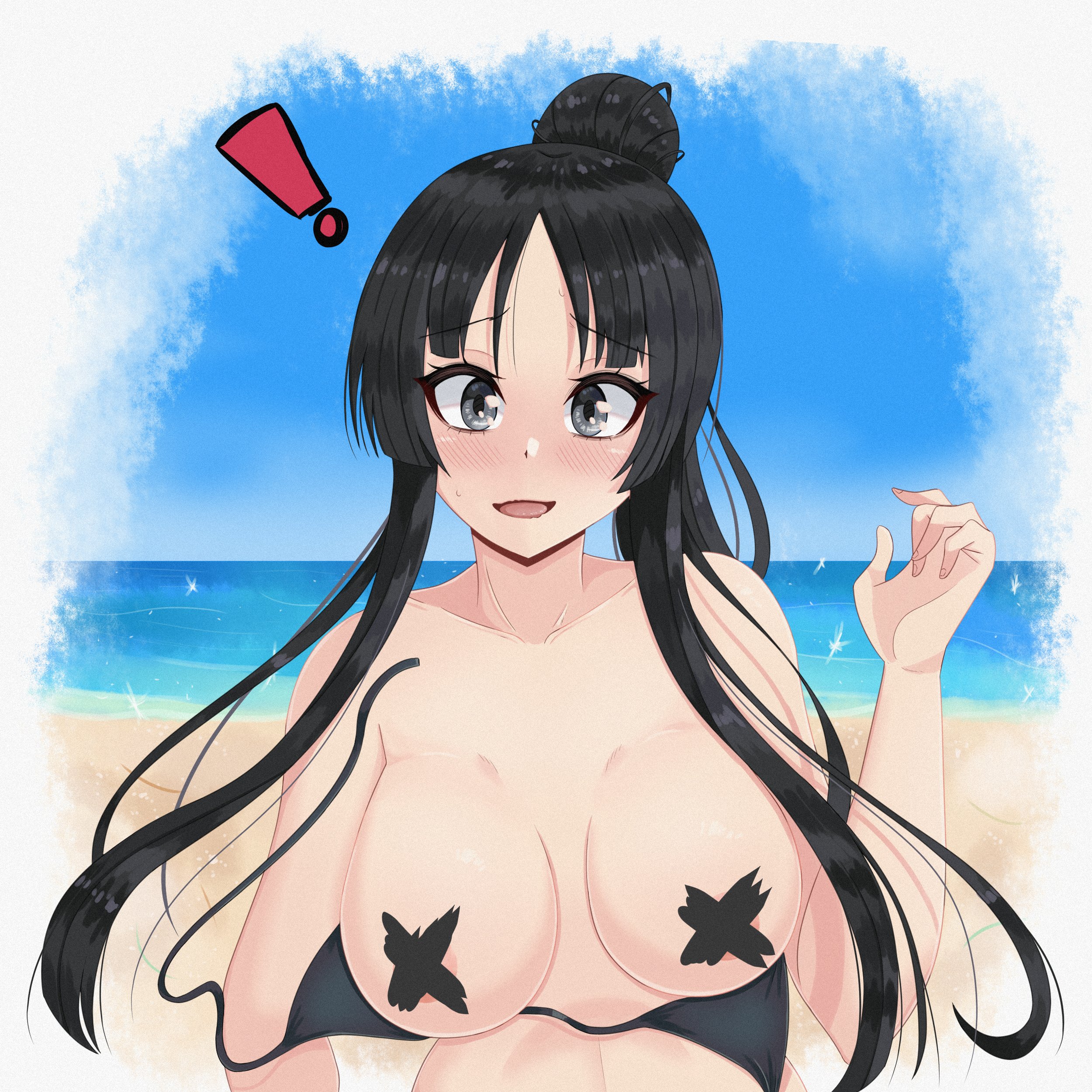 1girls, beach, bikini, bikini top, black bikini, black eyes, black hair, breasts, censored, duke wintermaul, female, female focus, female only, k-on!, long hair, mio akiyama (k-on!), nipples, surprised, tied hair, wardrobe malfunction, young savage