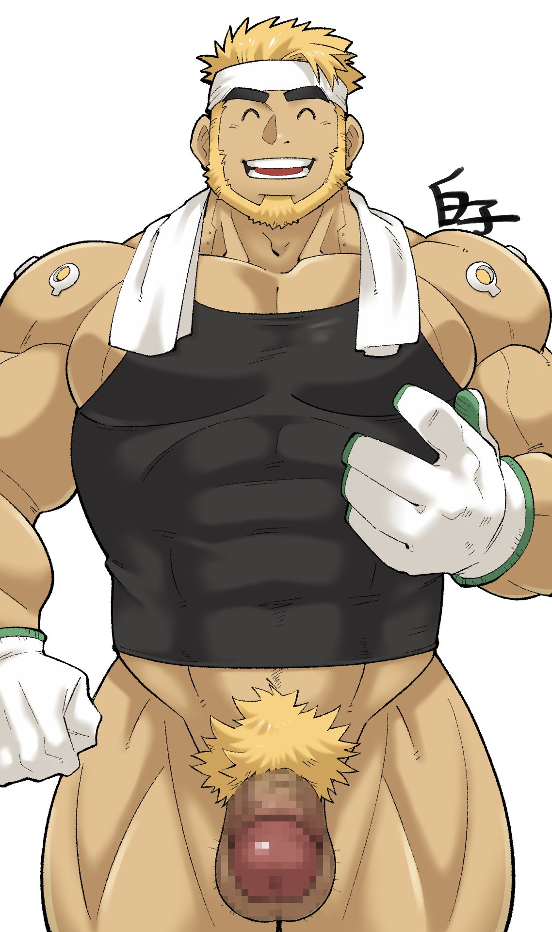 1boy 41raco ^_^ andrew_(live_a_hero) bara bare_shoulders beard black_tank_top blonde_hair bottomless censored closed_eyes covered_abs erection facial_hair gloves groin headband highres kirupi large_pectorals live-a-hero male_focus male_pubic_hair mature_male mosaic_censoring muscular muscular_male naked_shirt pectoral_cleavage pectorals pubic_hair shirt short_hair sidepec solo solo_male tank_top thick_eyebrows white_gloves