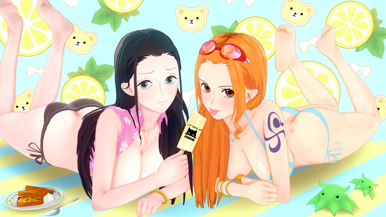 2girls, 3d, arm tattoo, big breasts, black hair, black-haired female, blue tattoo, breasts, catburglaraerin, eyewear on head, female, female only, koikatsu, nami (one piece), nico robin, one piece, orange hair, orange-haired female, popsicle, post-timeskip, sunglasses on head, tattoo, wallpaper