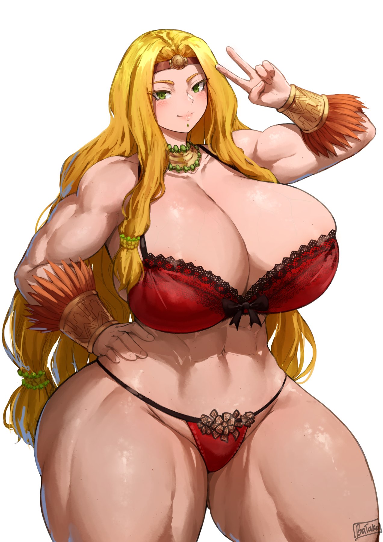 1girls, abs, batako, big breasts, blonde hair, breasts, fate (series), fate/grand order, female, female focus, green eyes, huge breasts, lingerie, long hair, muscle mommy, muscles, muscular, muscular female, peace sign, quetzalcoatl (fate), solo female, tagme, thick thighs, underwear, venus body, wide hips