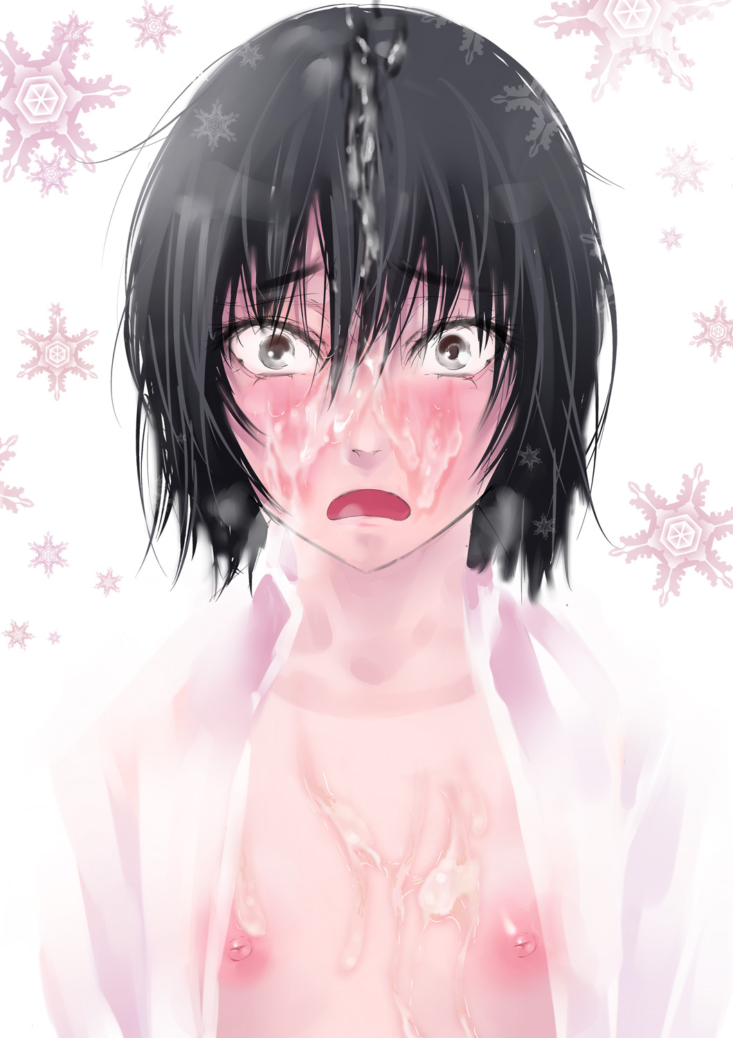 amagami bangs black_eyes black_hair blush bob_cut breasts bukkake commentary cum cum_on_body cum_on_breasts cum_on_hair d: dress_shirt embarrassed excessive_cum eyelashes facial female frown hair_between_eyes hair_strand highres kaede_gumi looking_at_viewer messy messy_hair nanasaki_ai nipples nose_blush open_clothes open_mouth open_shirt painttool_sai_(medium) raised_eyebrows shirt short_hair small_breasts snowflakes solo surprised upper_body upset white_background white_shirt wide-eyed