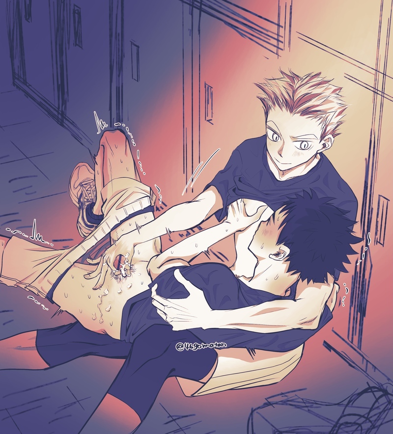 2boys, 46gomatan, akaashi keiji, arm around shoulders, bodily fluids, bokuto koutarou, censor bar, censored, censored penis, clothing, cum, gay, genital fluids, genitals, haikyuu!!, hand on penis, handjob, locker room, male, male only, male/male, pants pull, penis, penis grab, shirt lift, shoes, yaoi