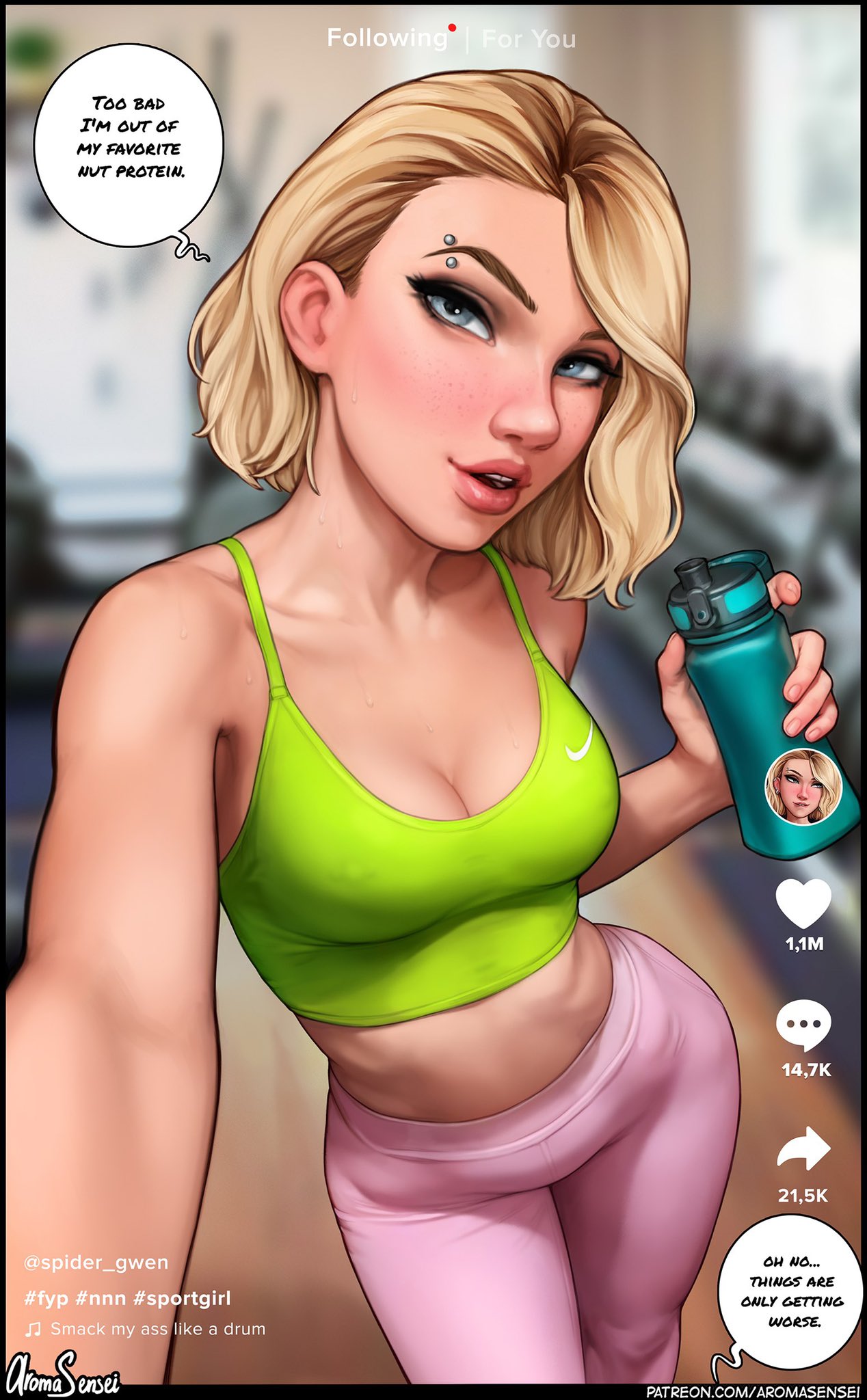 1girls, aroma sensei, blonde hair, blue eyes, cleavage, eyebrow piercing, female, female only, gwen stacy, gym clothes, looking at viewer, marvel, marvel comics, nipples visible through clothing, solo, speech bubble, spider-gwen, spider-man (series), spider-man: into the spider-verse, sweat, text, tight clothing