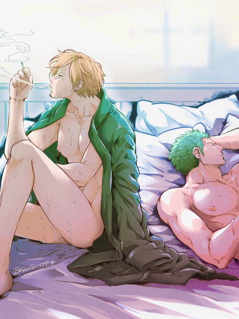 2boys after_sex bare_pectorals blonde_hair borrowed_garments cigarette completely_nude convenient_leg couple cum cum_on_legs facial_hair gay goatee green_hair green_kimono japanese_clothes kimono large_pectorals lying male male_focus male_only multiple_boys naked_kimono nipples nude on_back on_bed one_piece pectorals pra_(prapon0904) roronoa_zoro short_hair sideburns sleeping smoking sweat toned toned_male vinsmoke_sanji yaoi