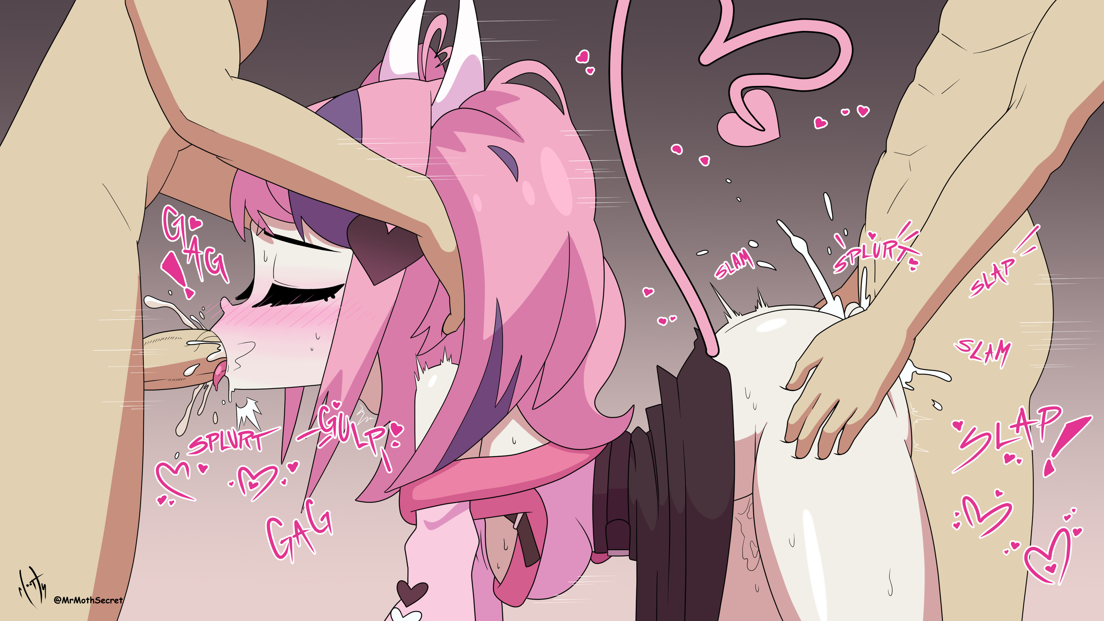 1girls, 2boys, big breasts, breasts, cum, cum in mouth, cum in pussy, cum inside, demon, demon tail, double penetration, female, horns, ironmouse, ironmouse (season 2), large breasts, male, mrmothsecret, onomatopoeia, pink hair, purple hair, pussy, spitroast, succubus, two-tone hair, uncensored, virtual youtuber, vshojo, vtuber