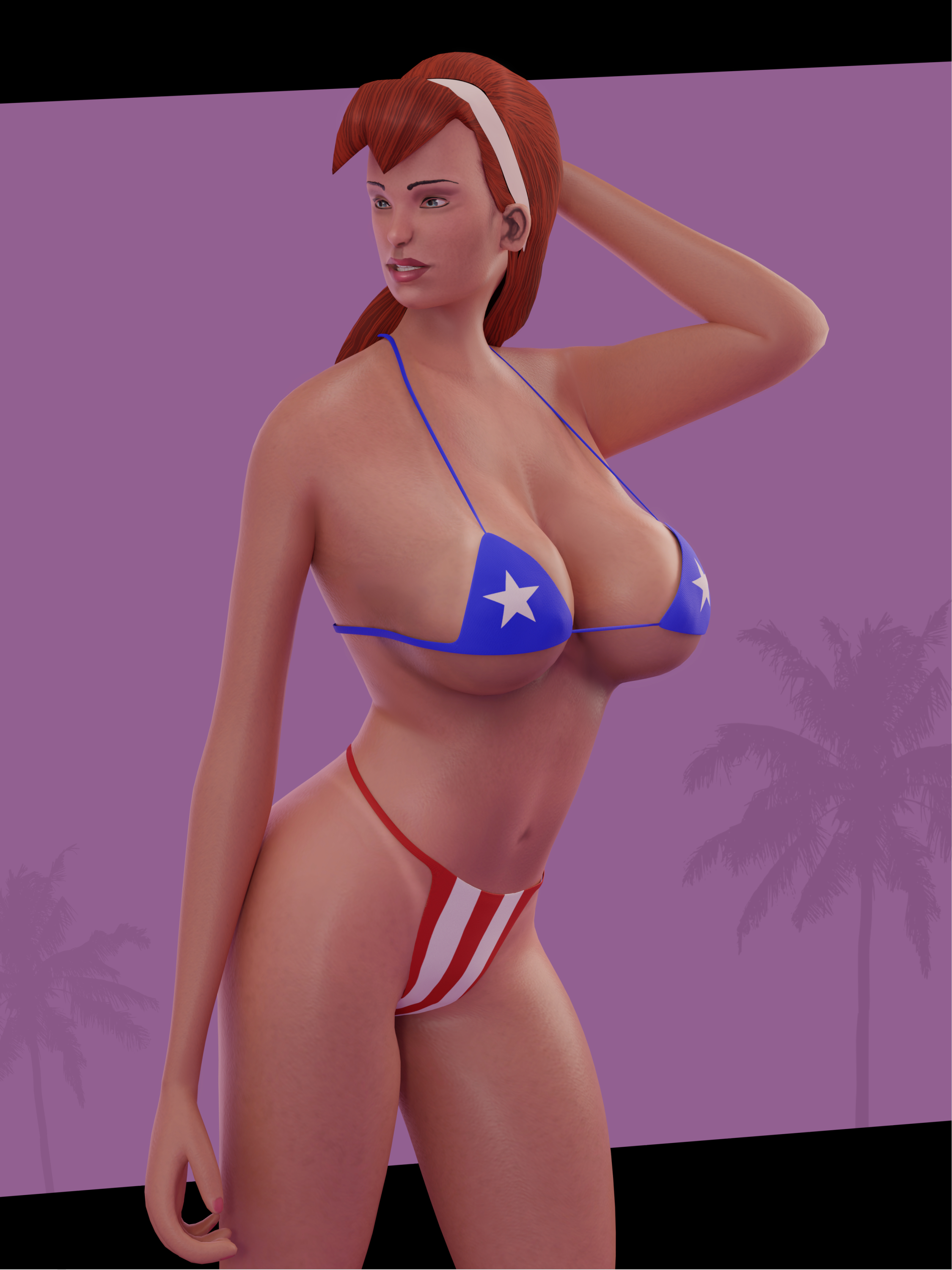 3d, american flag bikini, bikini, blue eyes, breasts, candy suxxx, emberstock, fake breasts, female, female only, grand theft auto, grand theft auto: vice city, hairband, large breasts, red hair, shiny skin, solo, tanline